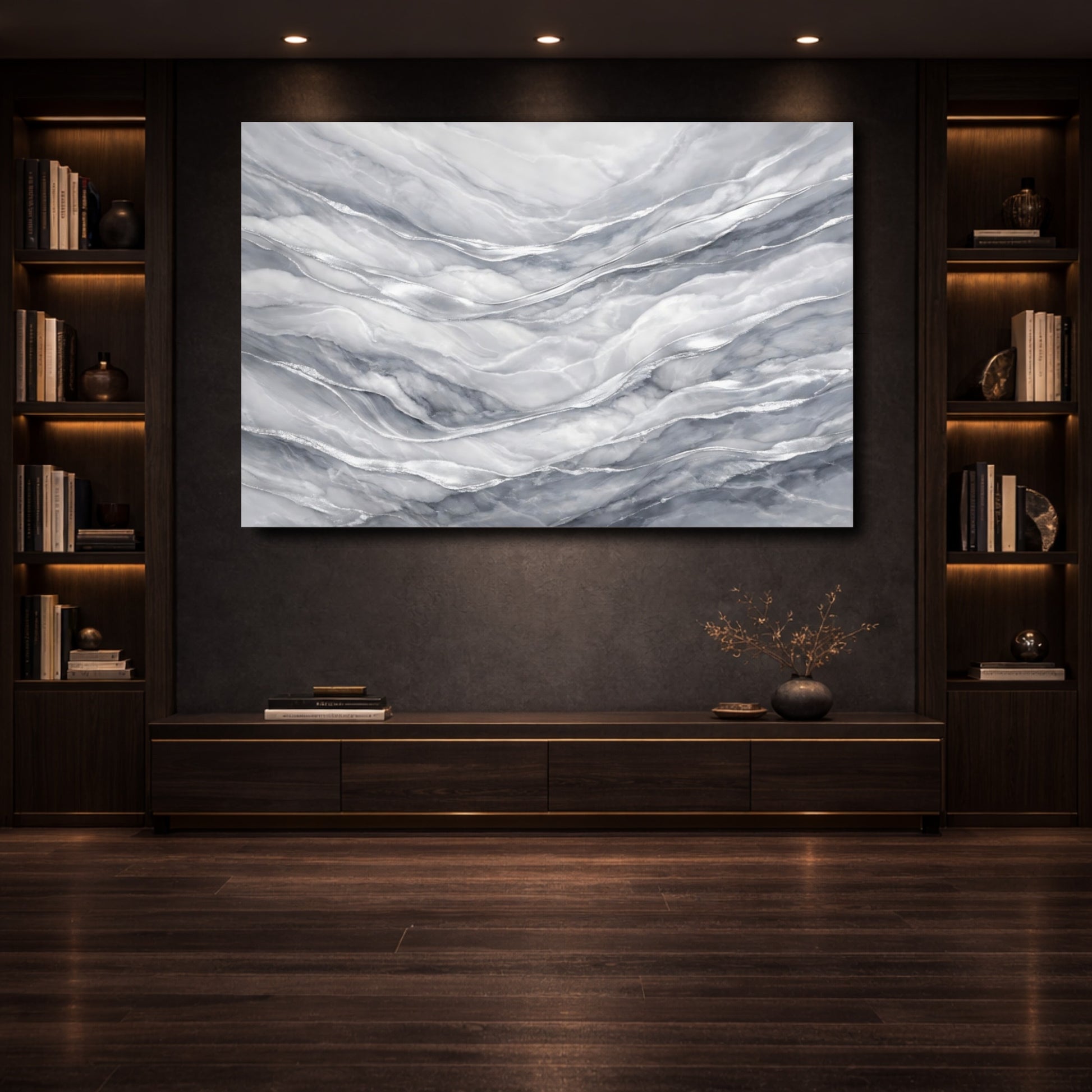 Mockup 3. Abstract Marble Texture Grey And Silver shown as stretched canvas wall art