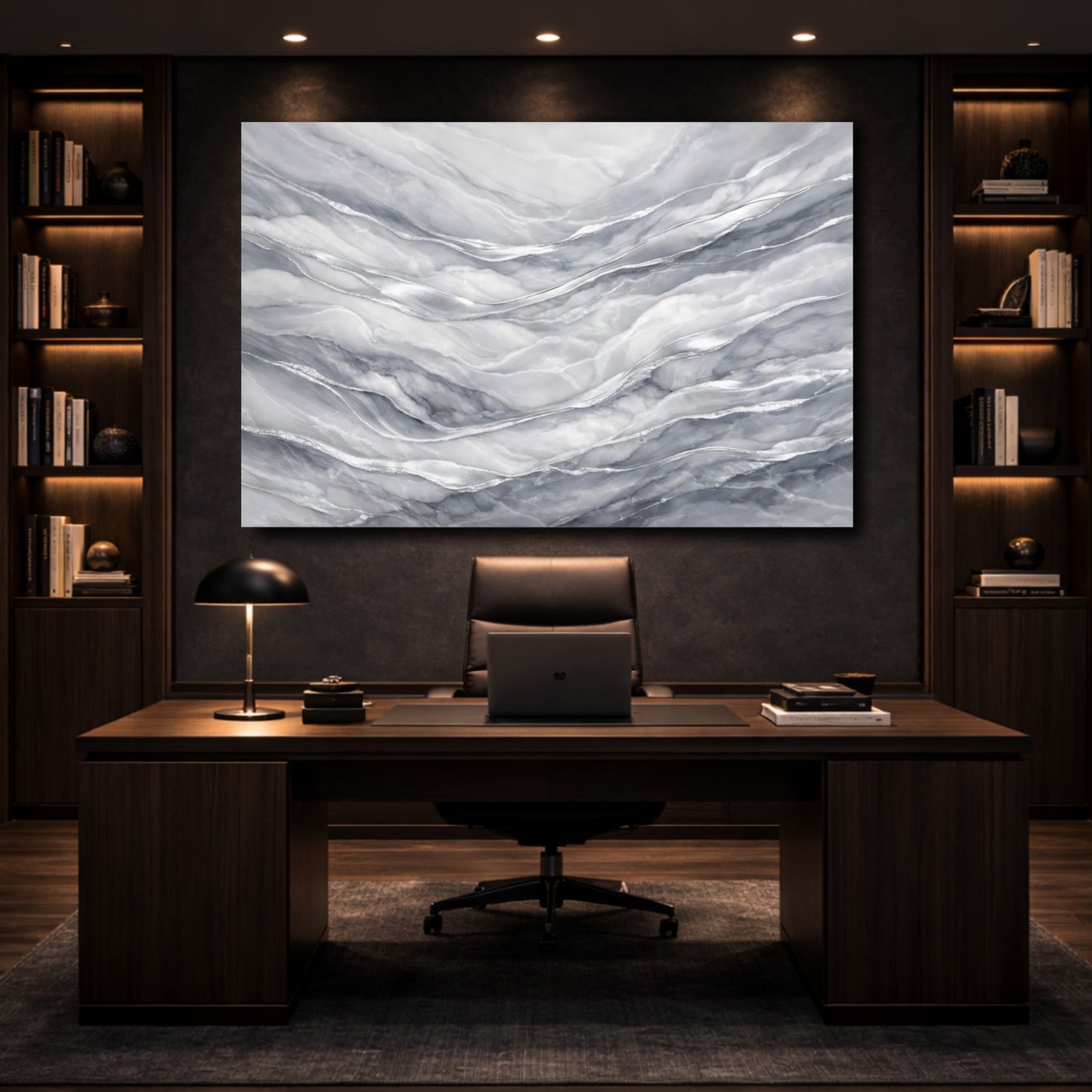 Mockup 4. Abstract Marble Texture Grey And Silver shown as stretched canvas wall art