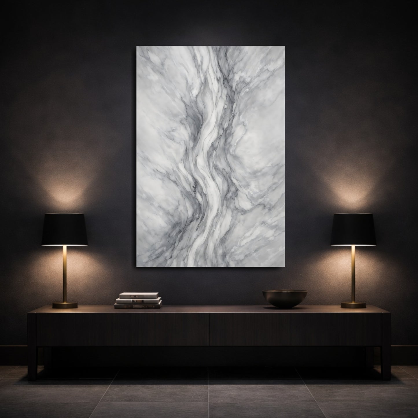 Mockup 2. Abstract Marble Texture Grey And White Marble shown as stretched canvas wall art