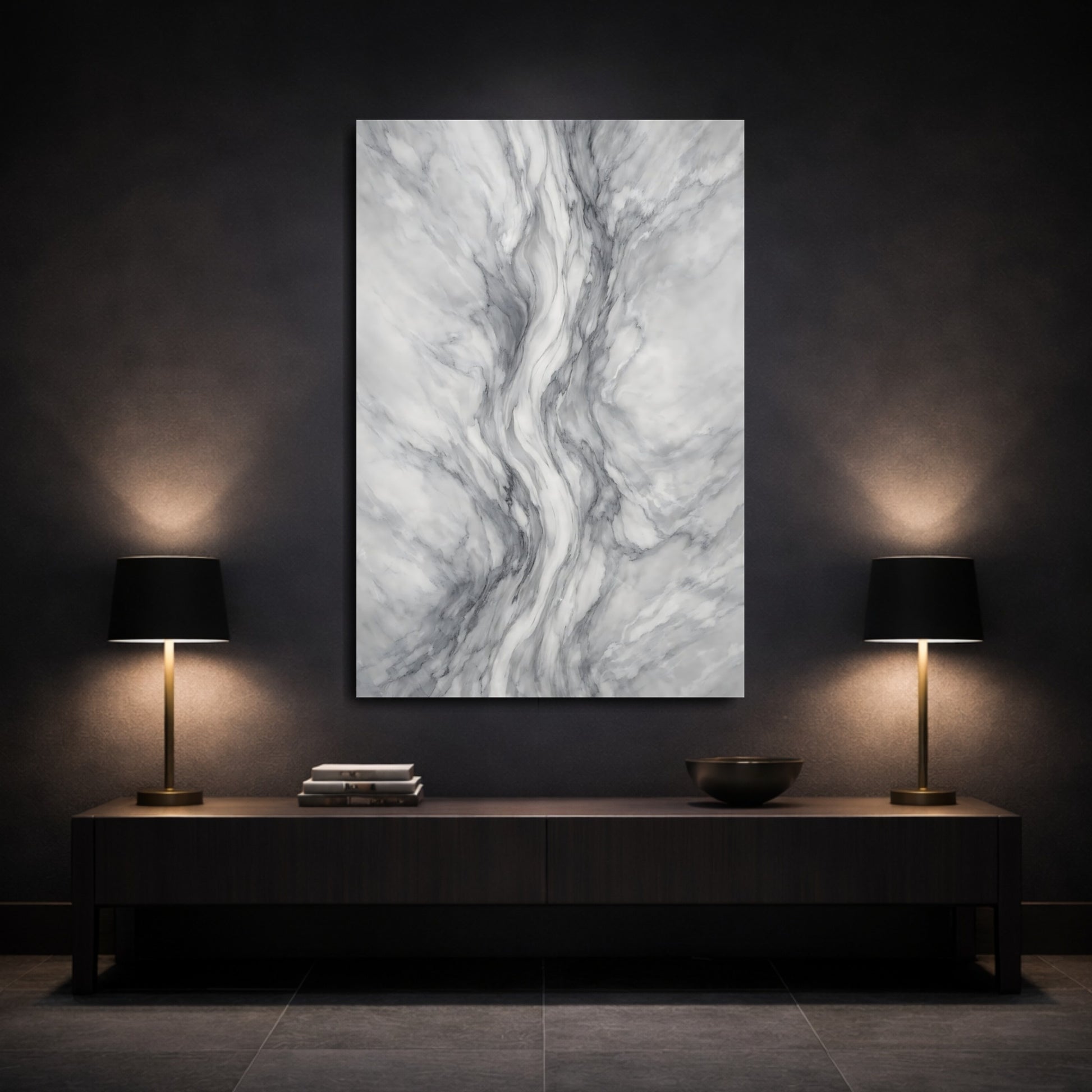 Mockup 2. Abstract Marble Texture Grey And White Marble shown as stretched canvas wall art
