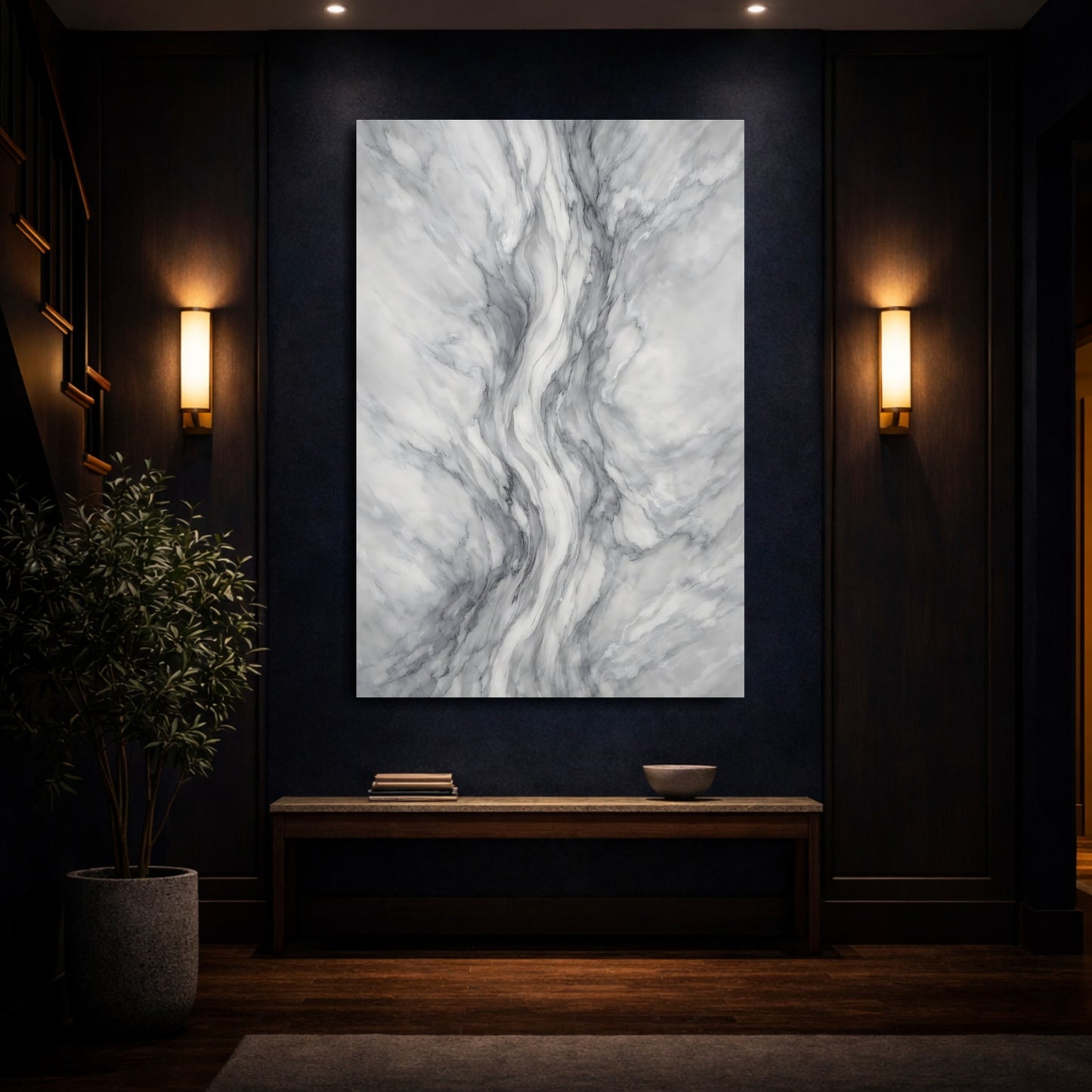 Mockup 3. Abstract Marble Texture Grey And White Marble shown as stretched canvas wall art
