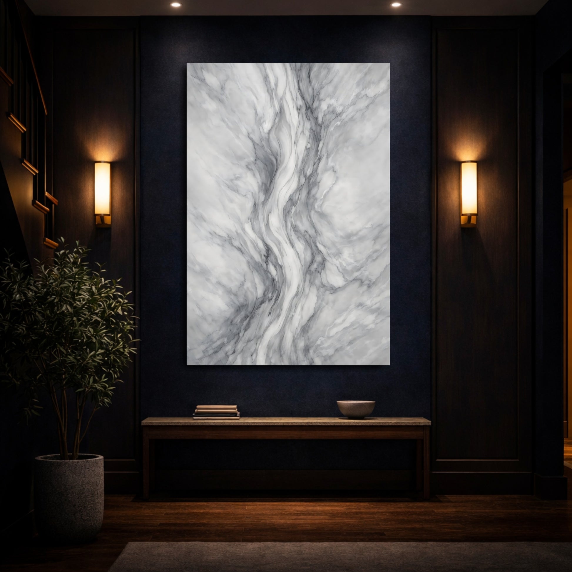 Mockup 3. Abstract Marble Texture Grey And White Marble shown as stretched canvas wall art