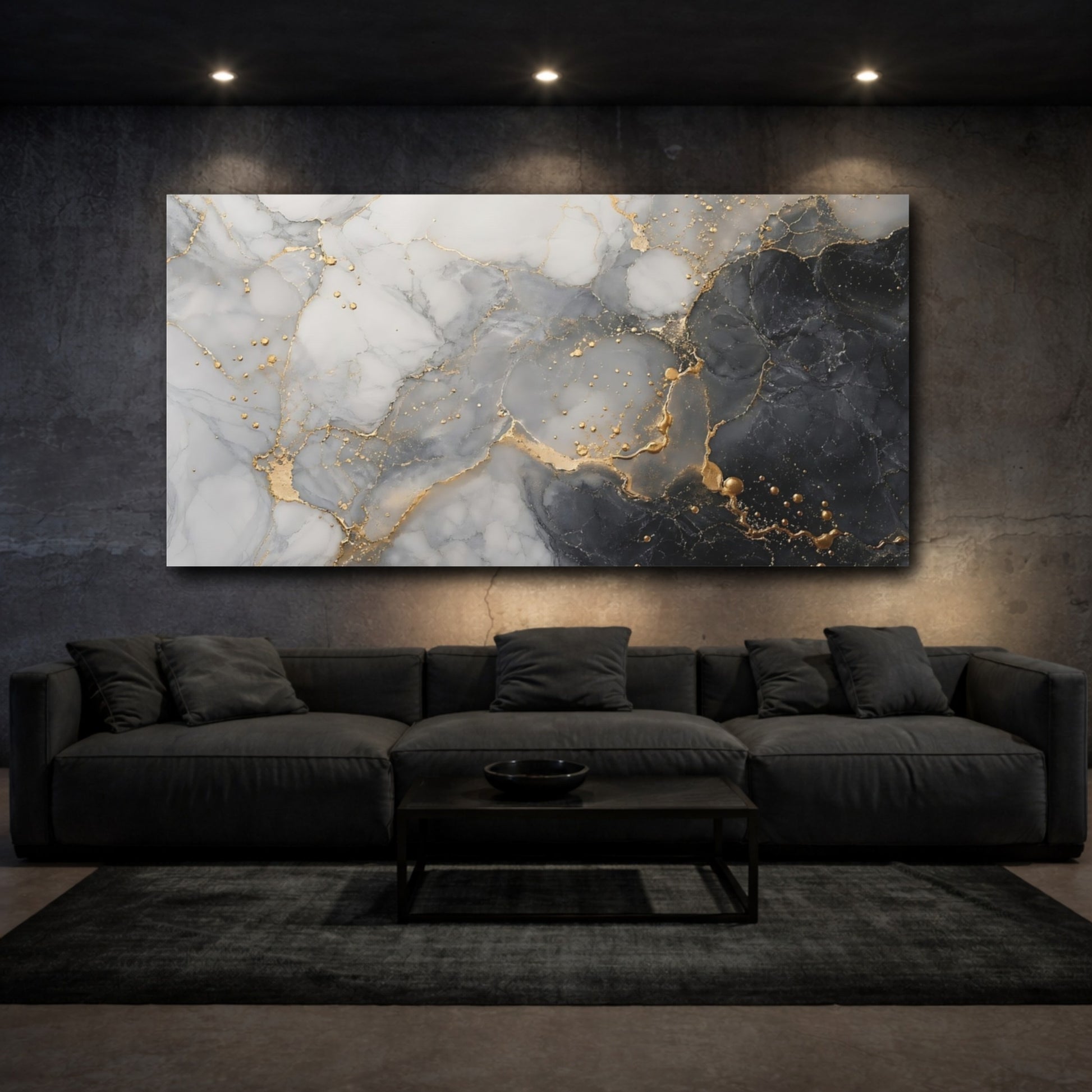 Mockup 2. Abstract Marble Texture Grey Gold Abstract shown as stretched canvas wall art