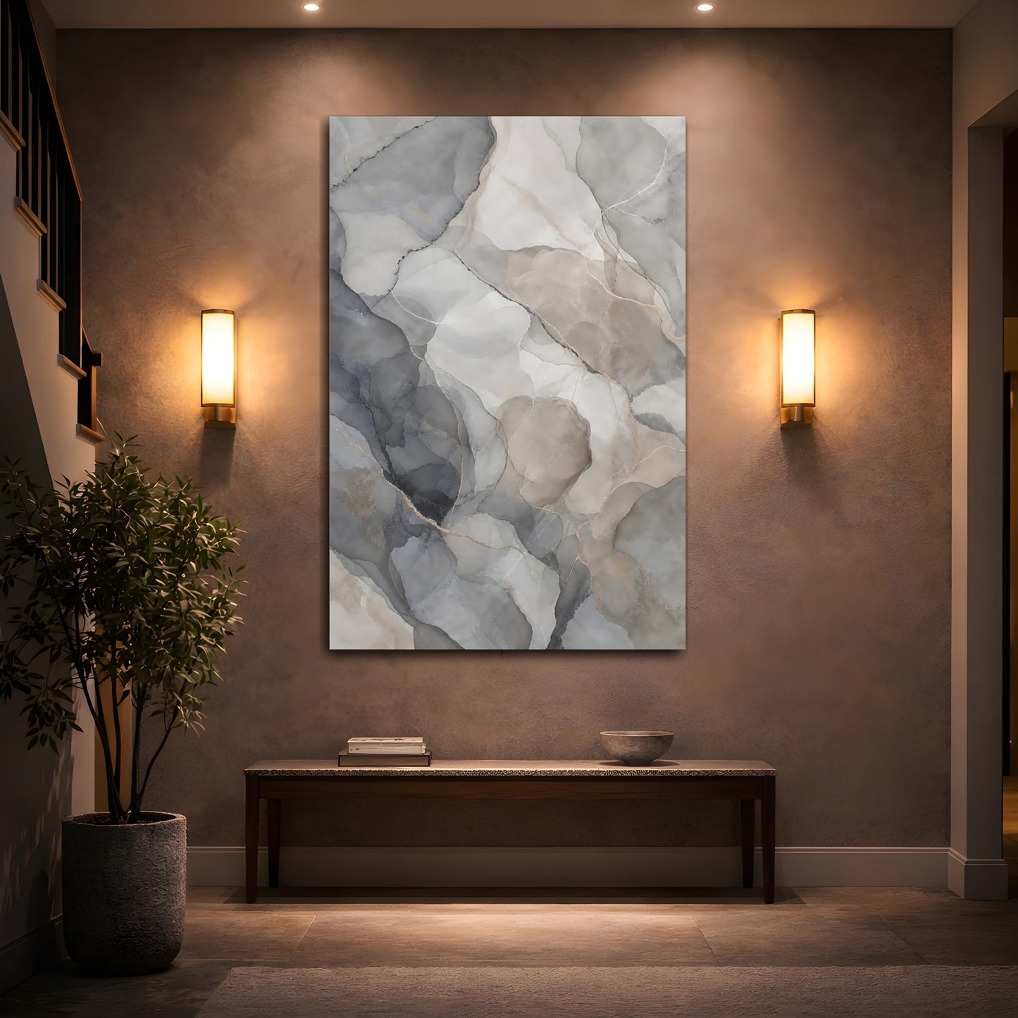 Mockup 2. Abstract Marble Texture Grey Gold Abstract shown as stretched canvas wall art