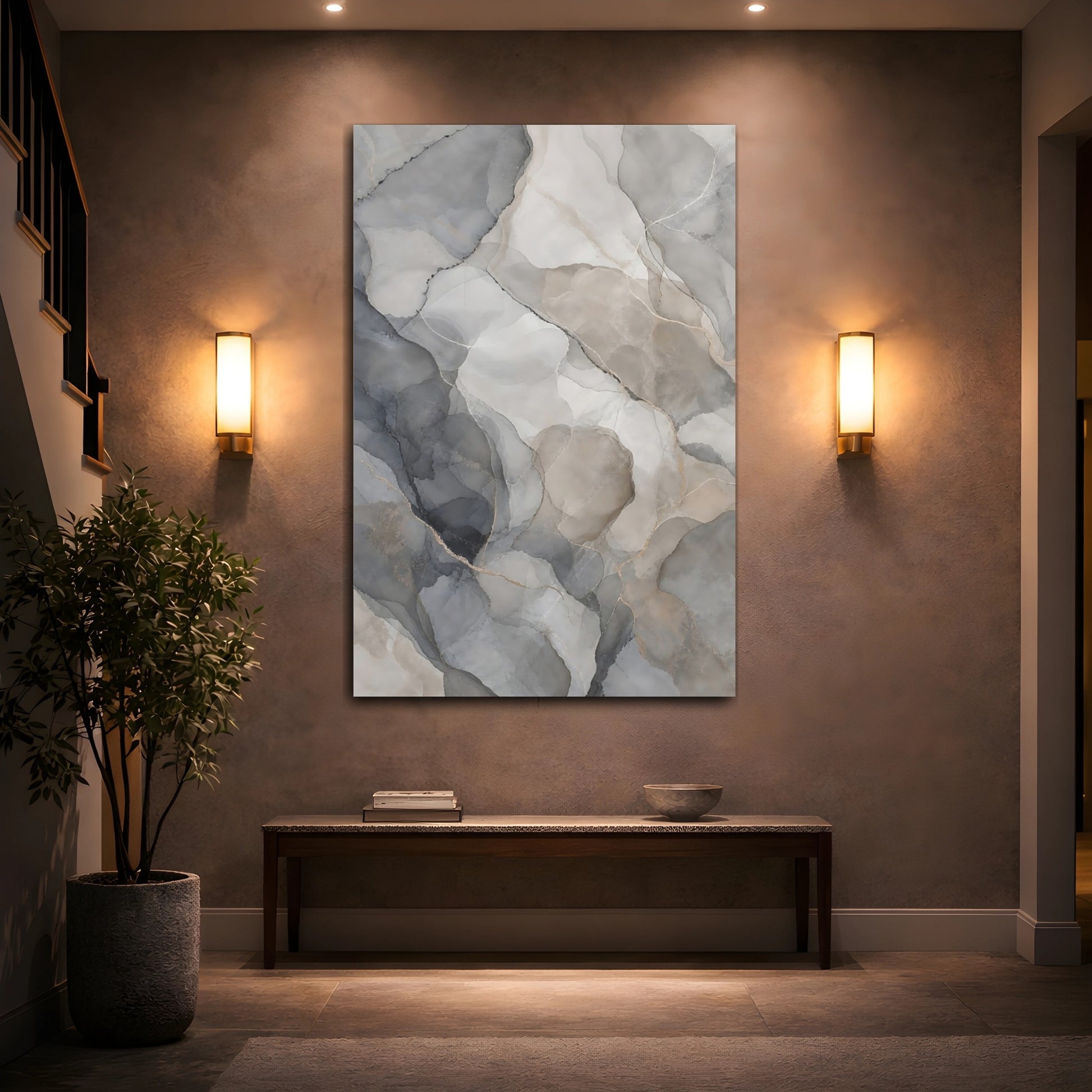 Mockup 2. Abstract Marble Texture Grey Gold Abstract shown as stretched canvas wall art