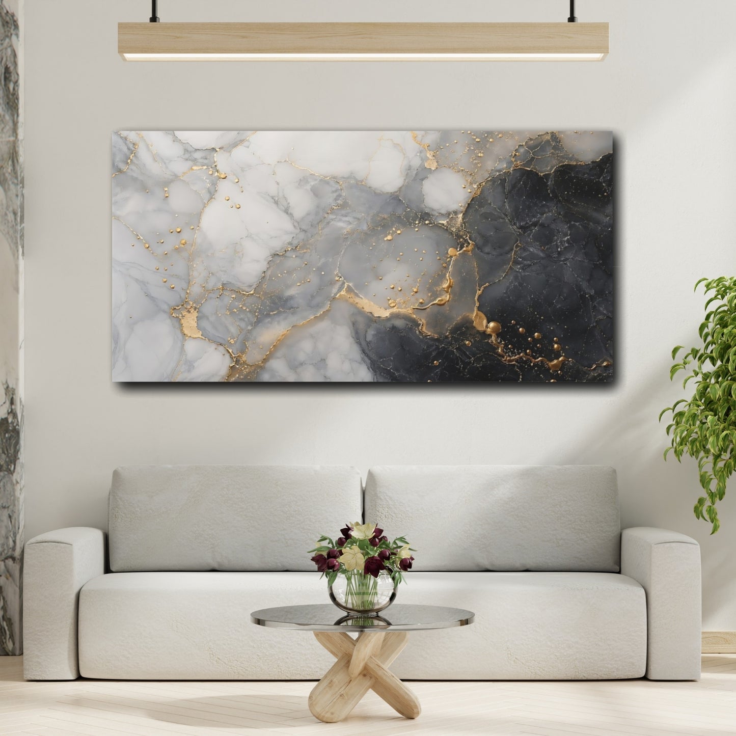 Mockup 3. Abstract Marble Texture Grey Gold Abstract shown as stretched canvas wall art