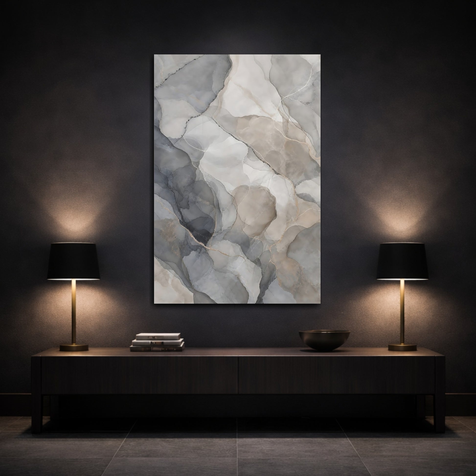 Mockup 3. Abstract Marble Texture Grey Gold Abstract shown as stretched canvas wall art
