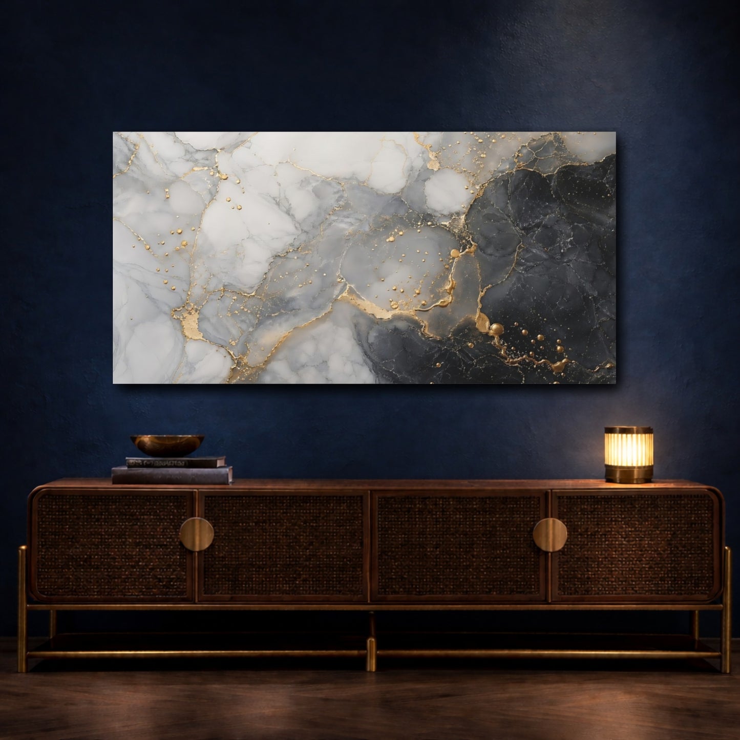Mockup 4. Abstract Marble Texture Grey Gold Abstract shown as stretched canvas wall art