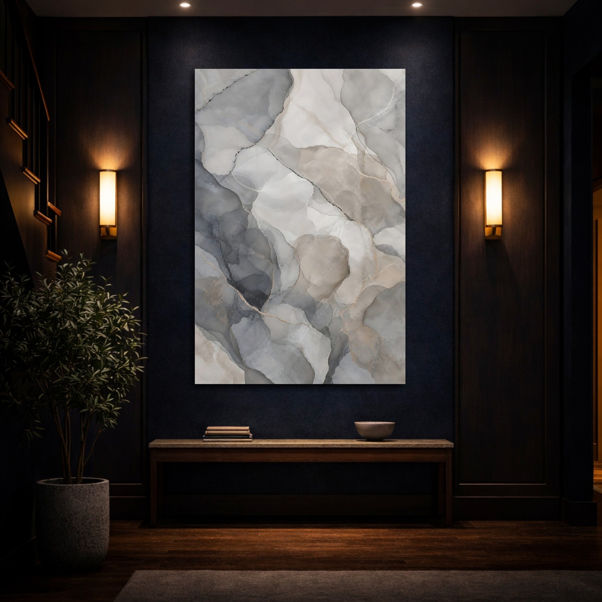 Mockup 4. Abstract Marble Texture Grey Gold Abstract shown as stretched canvas wall art