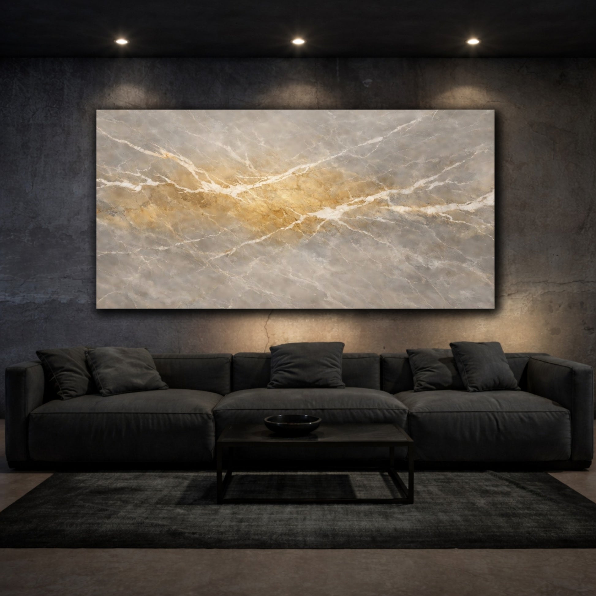 Mockup 2. Abstract Marble Texture Grey Gold Marble shown as stretched canvas wall art