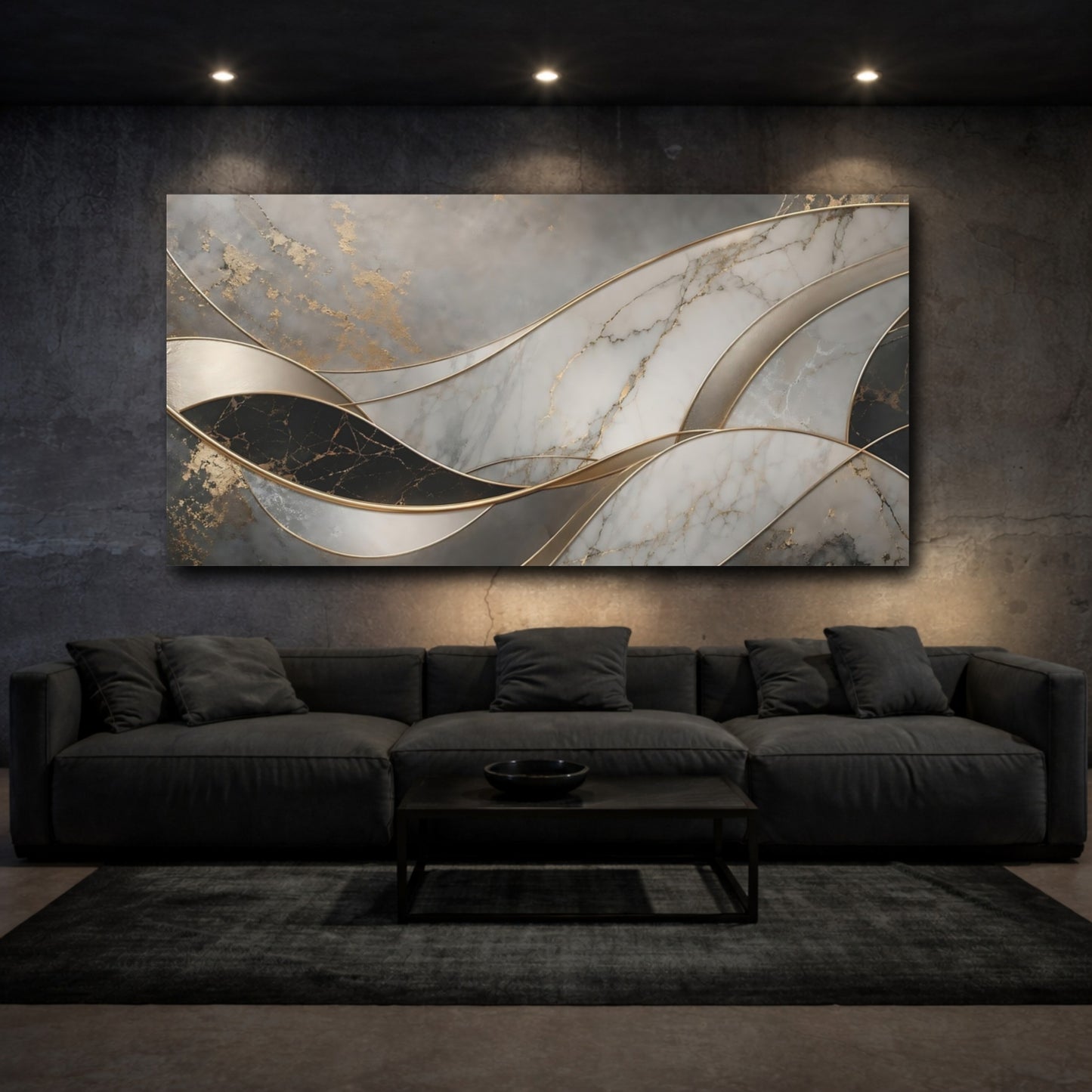 Mockup 2. Abstract Marble Texture Grey Gold Marble shown as stretched canvas wall art