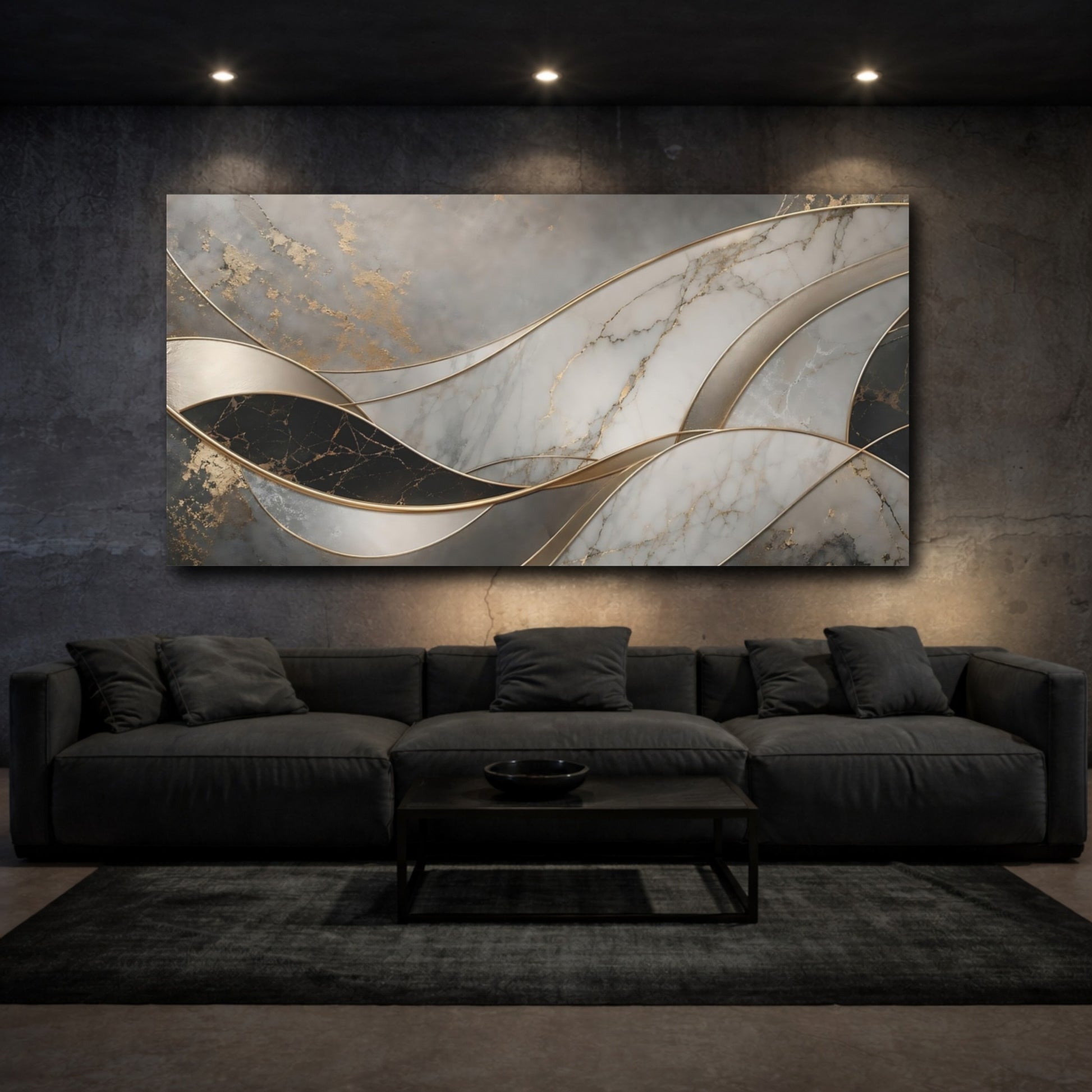 Mockup 2. Abstract Marble Texture Grey Gold Marble shown as stretched canvas wall art