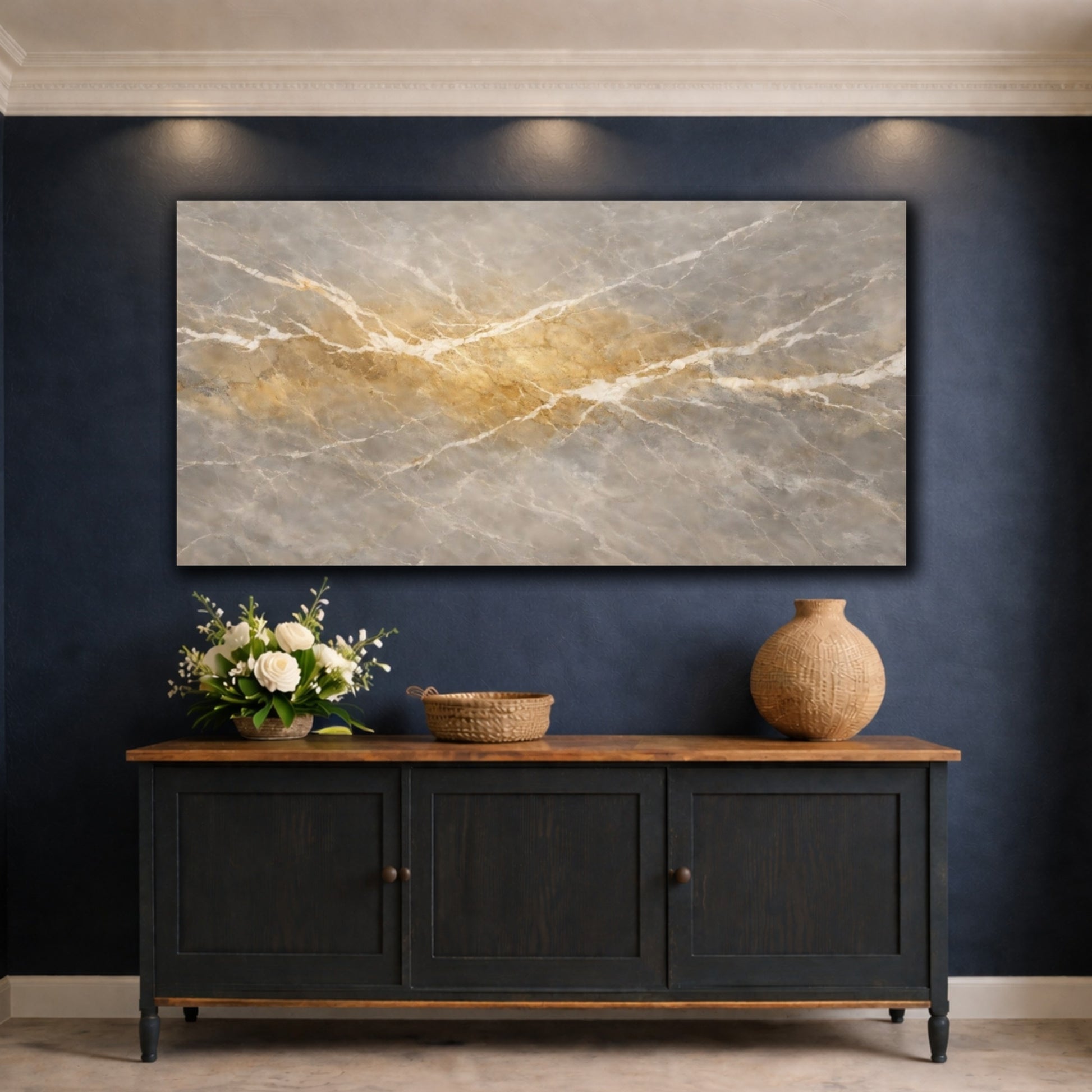 Mockup 4. Abstract Marble Texture Grey Gold Marble shown as stretched canvas wall art