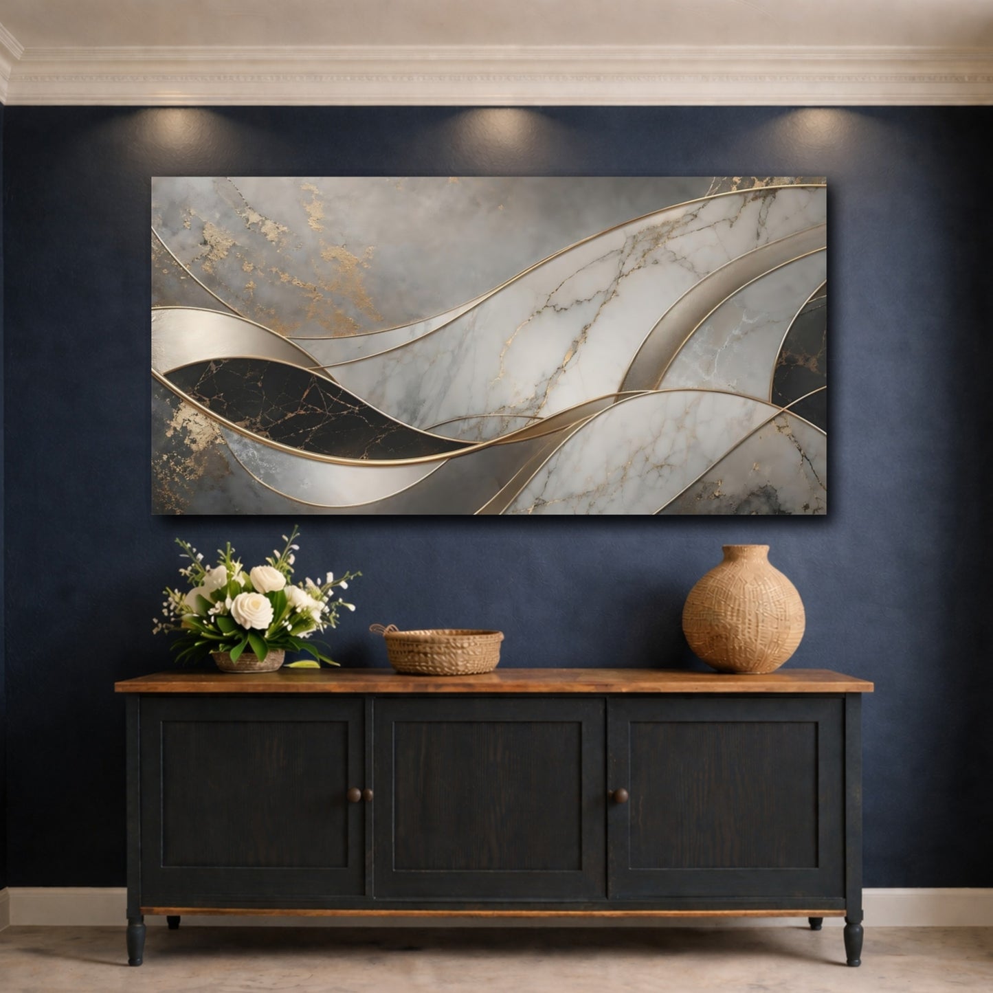 Mockup 4. Abstract Marble Texture Grey Gold Marble shown as stretched canvas wall art
