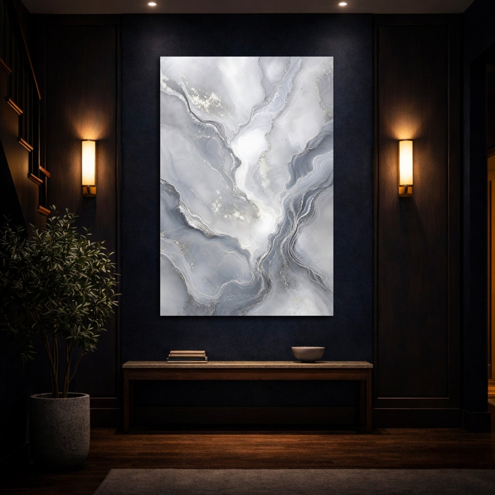Abstract Marble Texture Grey Silver Canvas Wall Art Print – Modern Living Room, Above Console Table - YesArtYes
