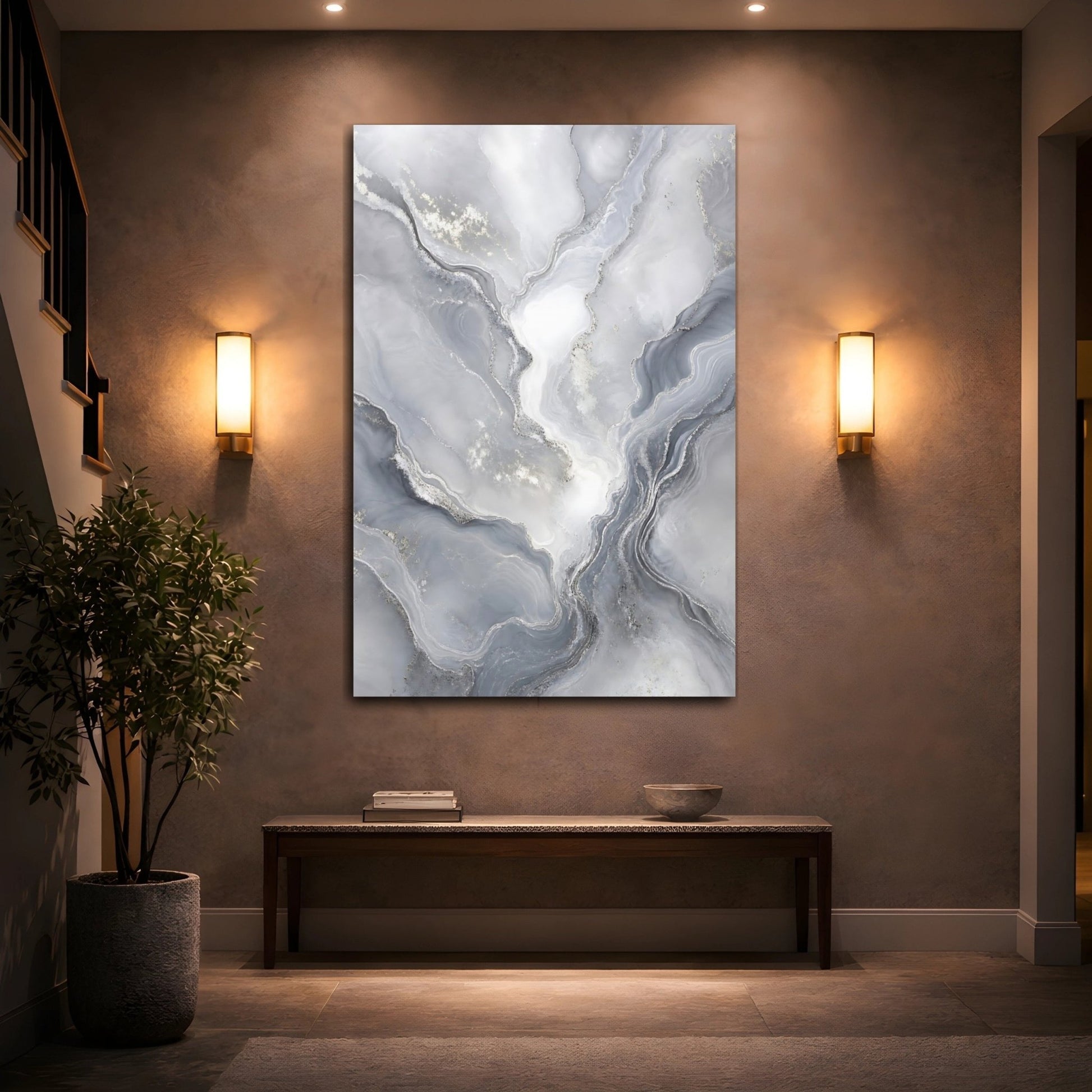 Abstract Marble Texture Grey Silver Canvas Wall Art Print – Modern Living Room, Above Console Table - YesArtYes