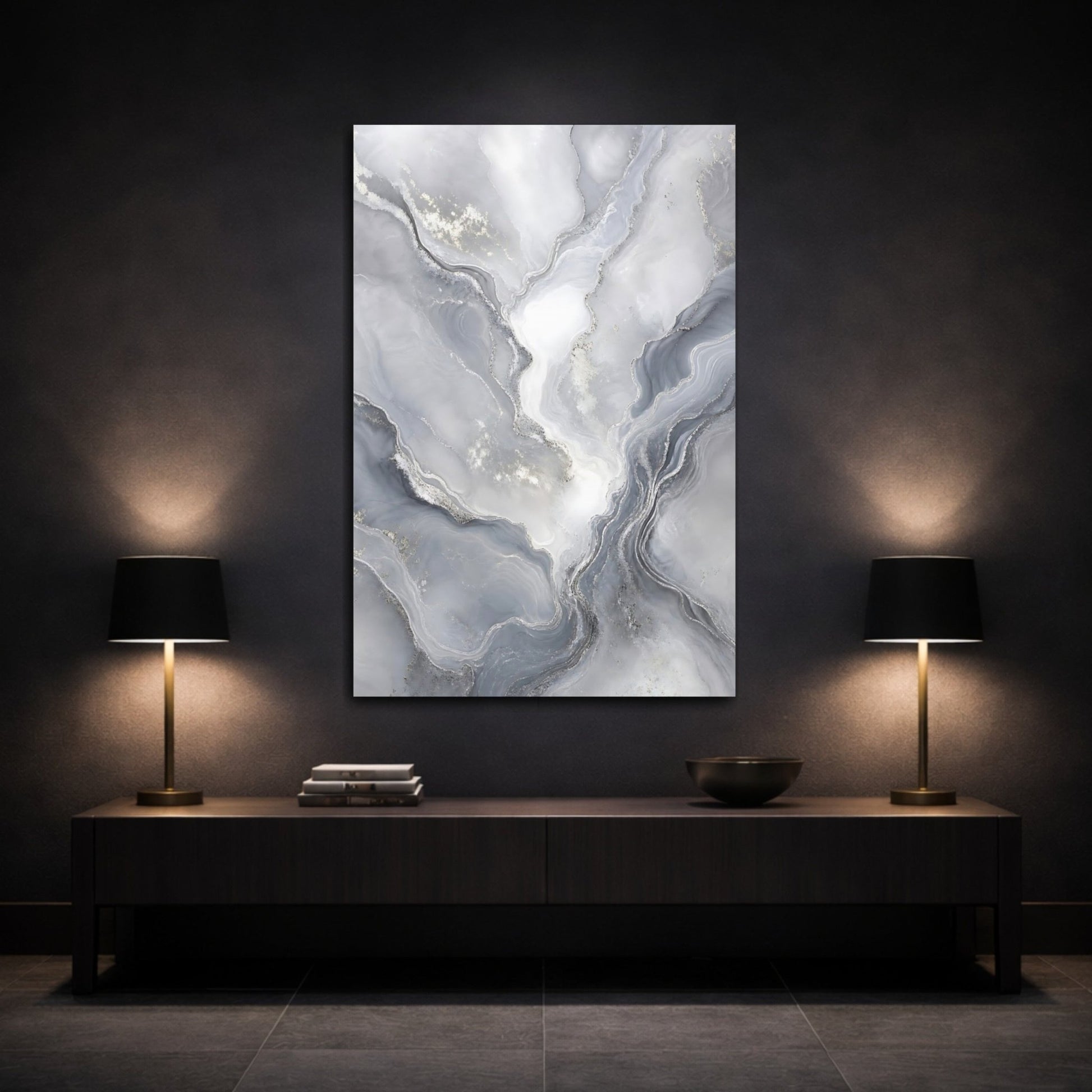 Abstract Marble Texture Grey Silver Canvas Wall Art Print – Modern Living Room, Above Console Table - YesArtYes