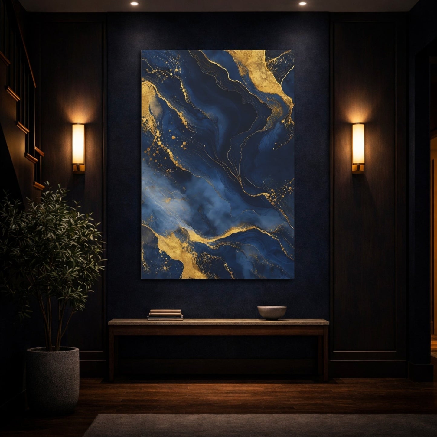 Abstract Marble Texture Navy Gold Canvas Print – Modern Decor for Living Room, Above Sofa - YesArtYes