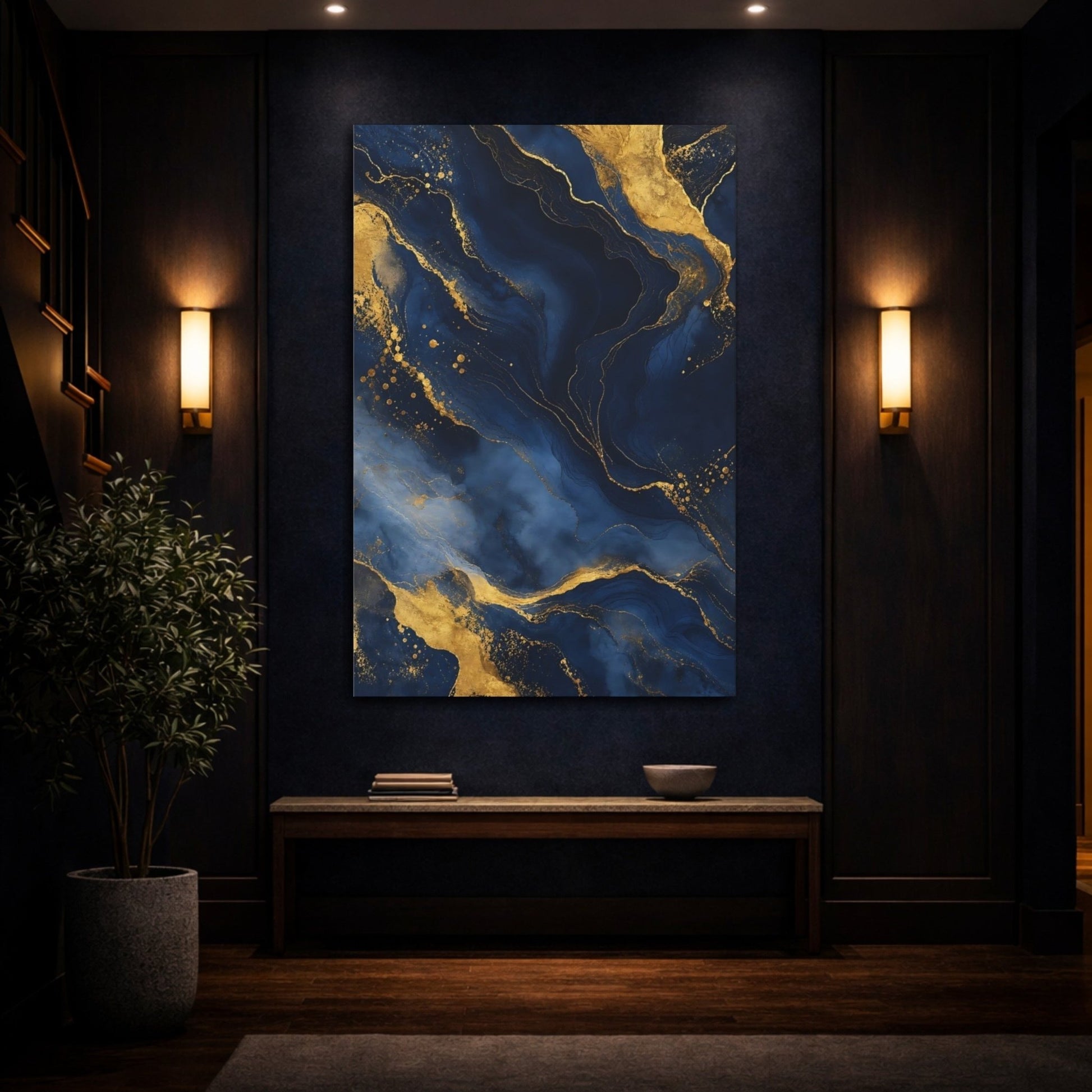 Abstract Marble Texture Navy Gold Canvas Print – Modern Decor for Living Room, Above Sofa - YesArtYes