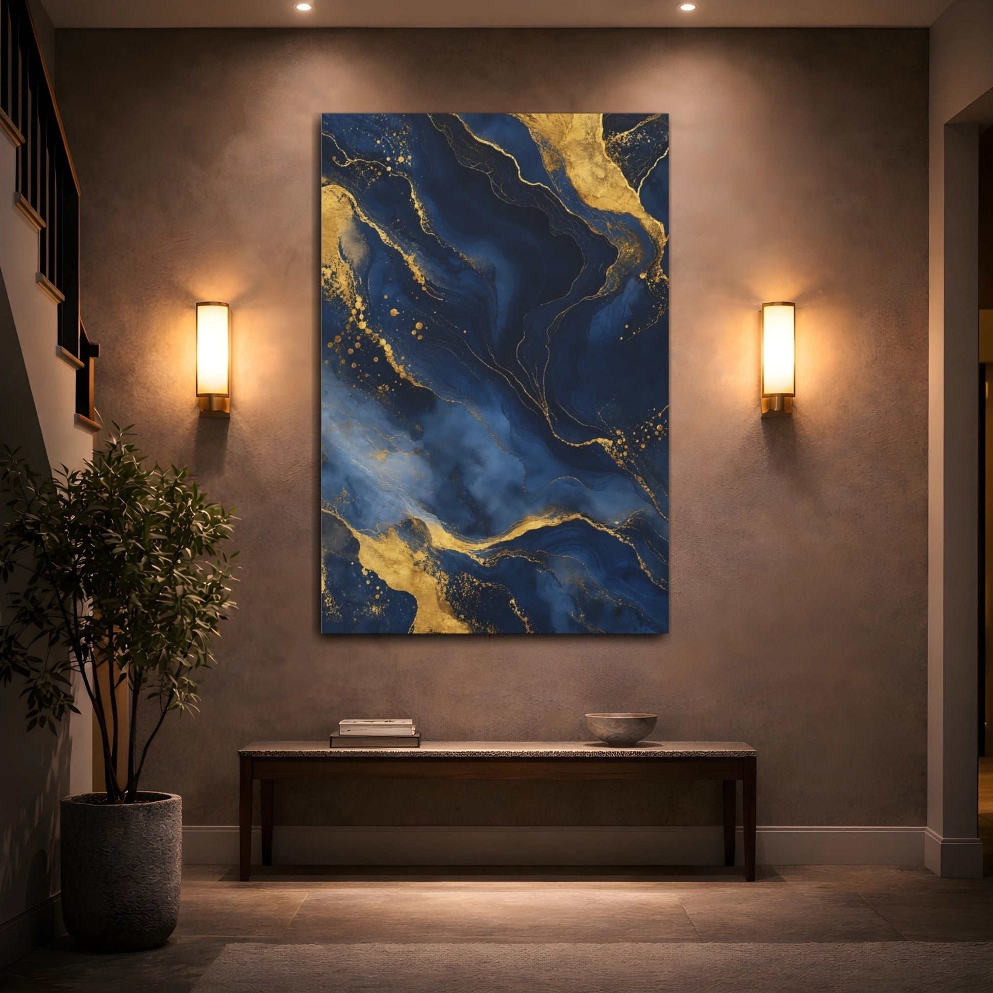 Abstract Marble Texture Navy Gold Canvas Print – Modern Decor for Living Room, Above Sofa - YesArtYes