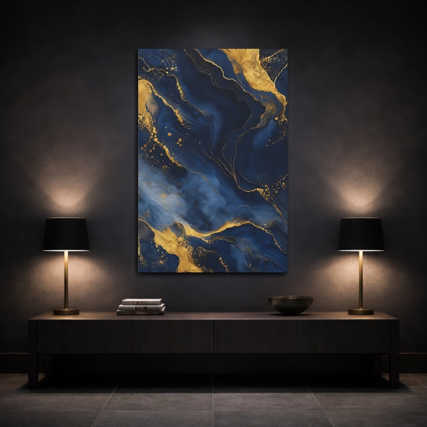 Abstract Marble Texture Navy Gold Canvas Print – Modern Decor for Living Room, Above Sofa - YesArtYes