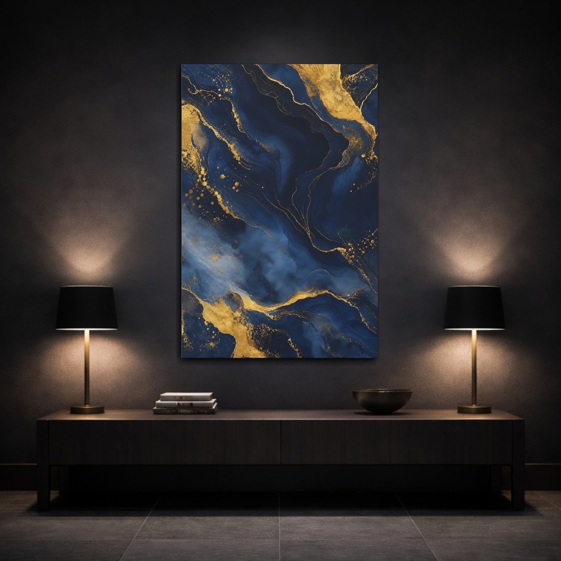 Abstract Marble Texture Navy Gold Canvas Print – Modern Decor for Living Room, Above Sofa - YesArtYes