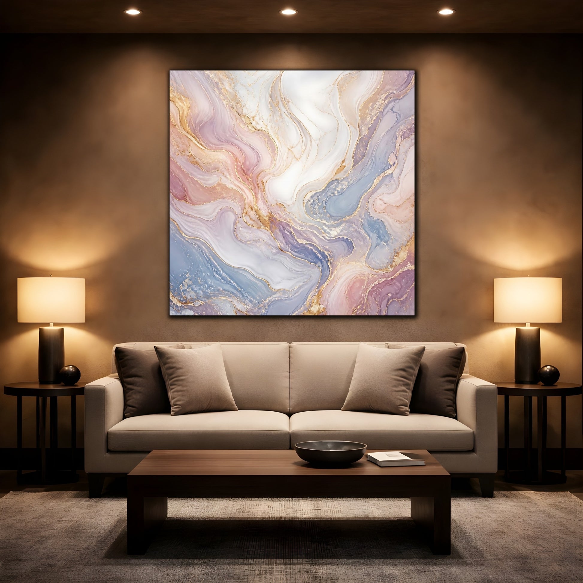 Mockup 2. Abstract Marble Texture Pastel Gold Marble shown as stretched canvas wall art