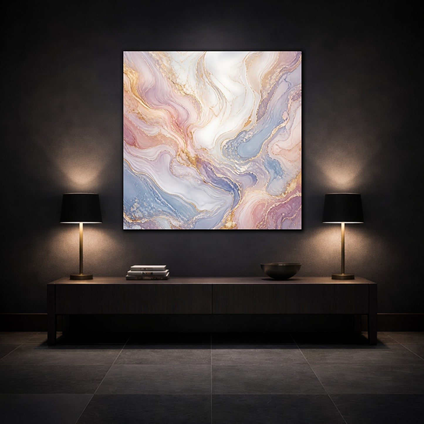Mockup 3. Abstract Marble Texture Pastel Gold Marble shown as stretched canvas wall art