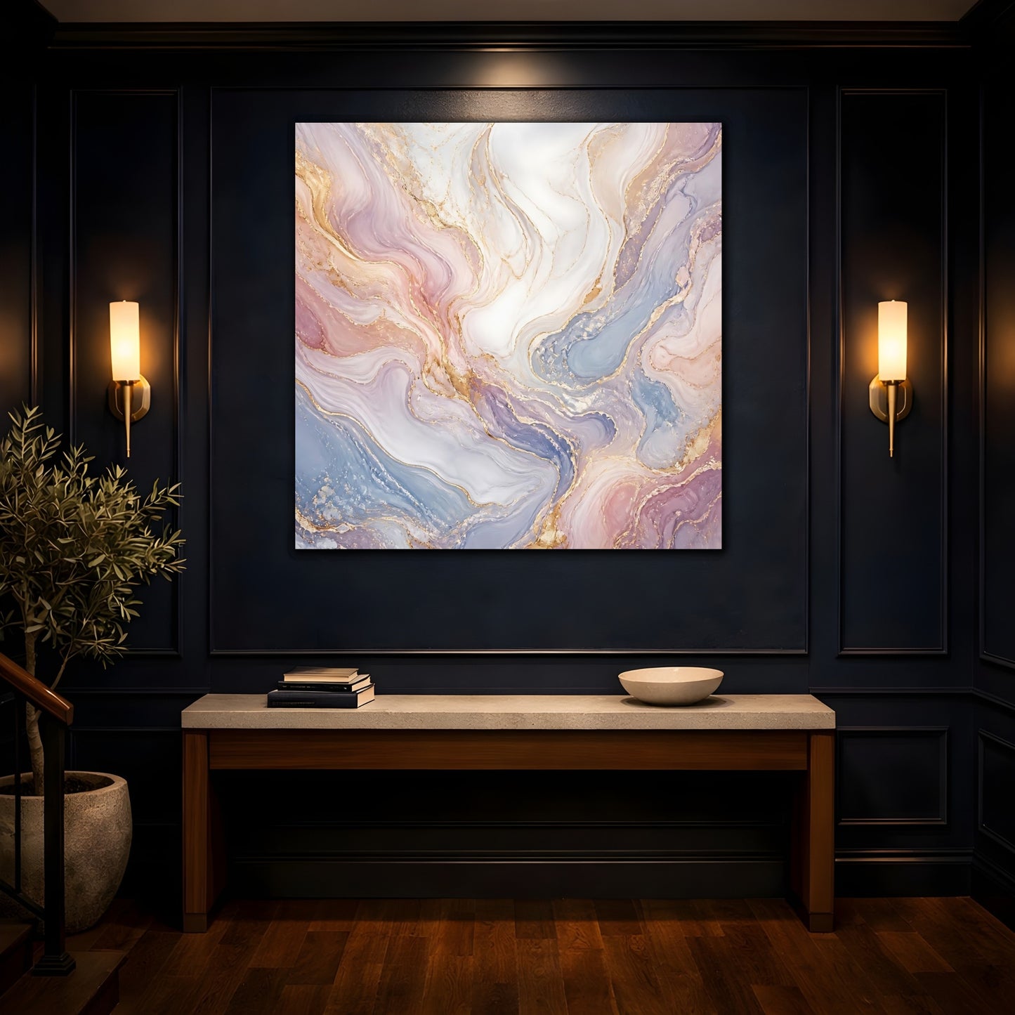 Mockup 4. Abstract Marble Texture Pastel Gold Marble shown as stretched canvas wall art
