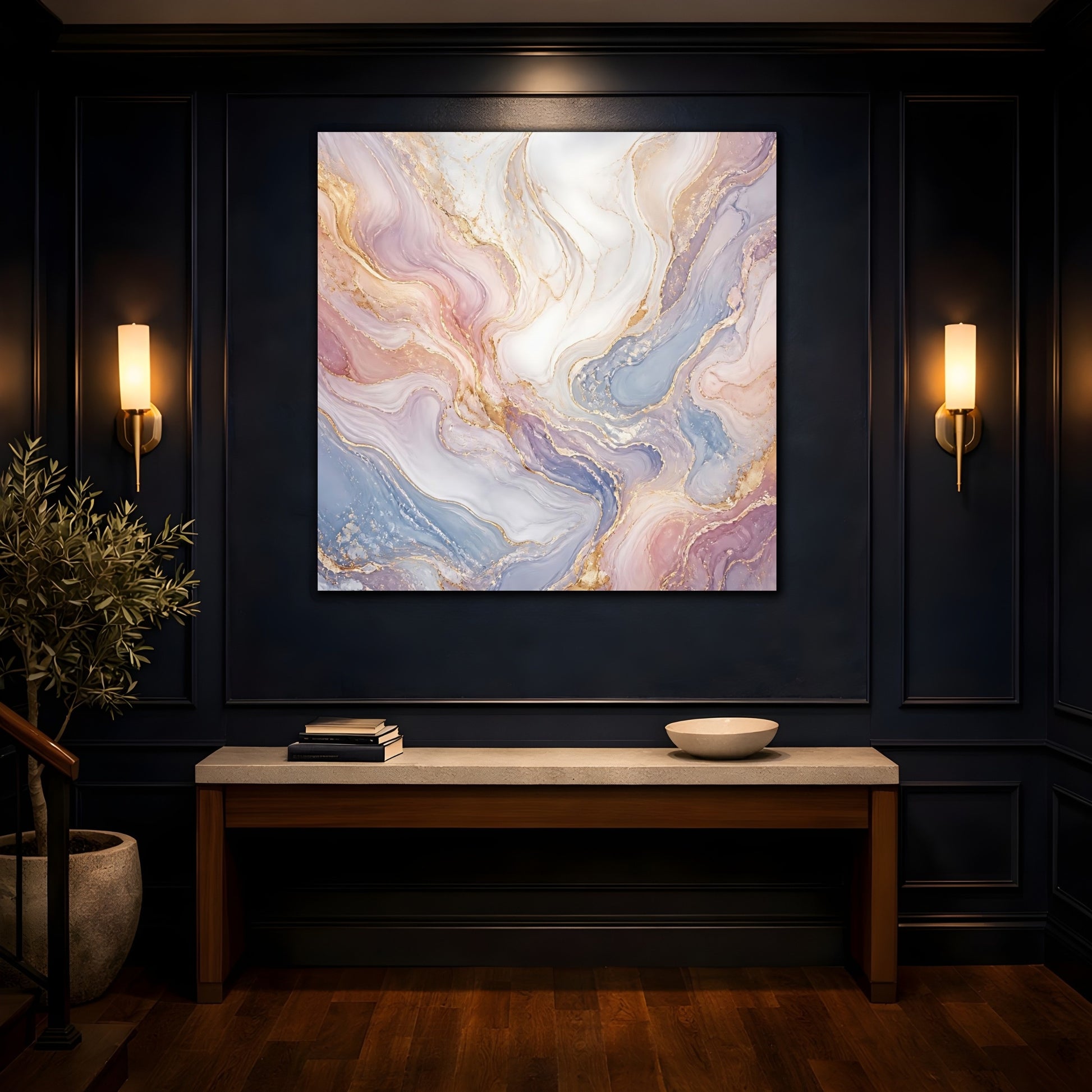Mockup 4. Abstract Marble Texture Pastel Gold Marble shown as stretched canvas wall art