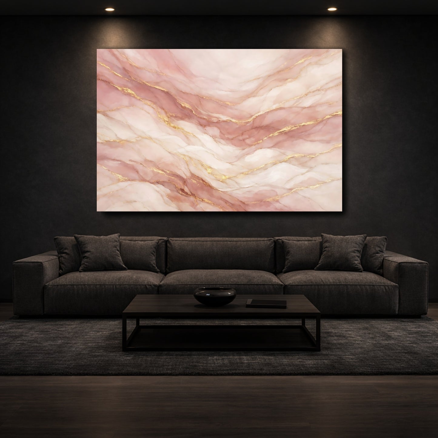 Mockup 2. Abstract Marble Texture Pink And Gold shown as stretched canvas wall art