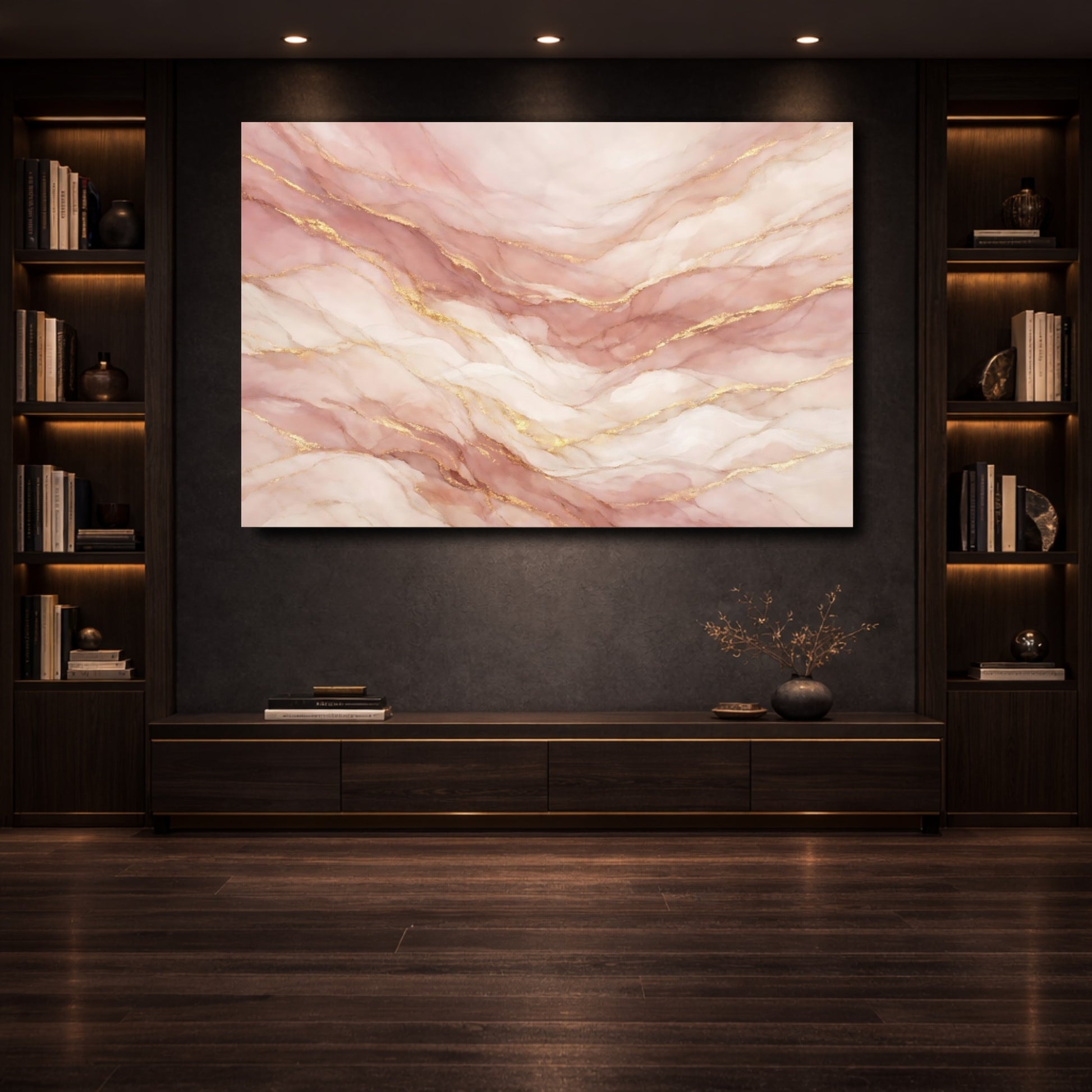 Mockup 3. Abstract Marble Texture Pink And Gold shown as stretched canvas wall art