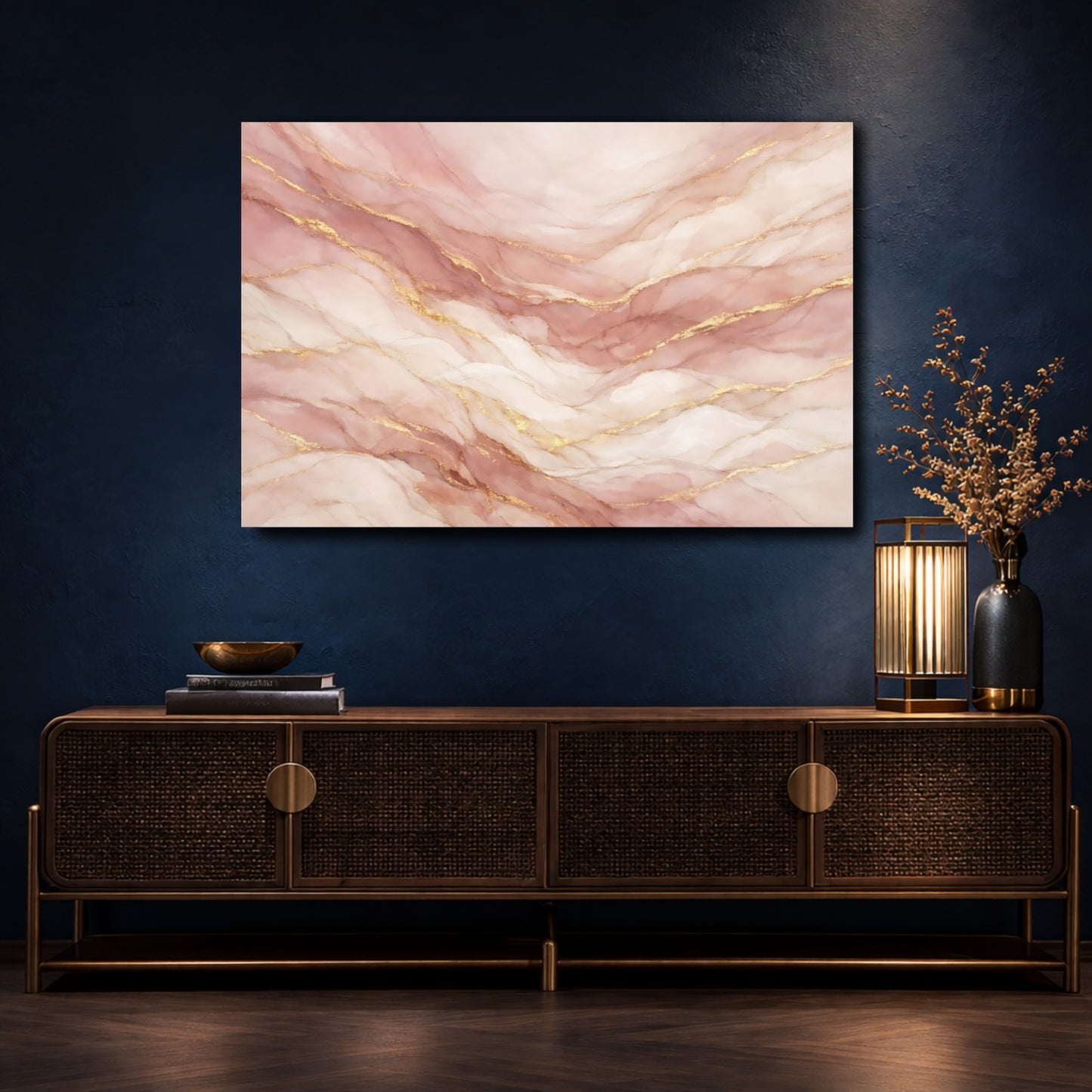 Mockup 4. Abstract Marble Texture Pink And Gold shown as stretched canvas wall art