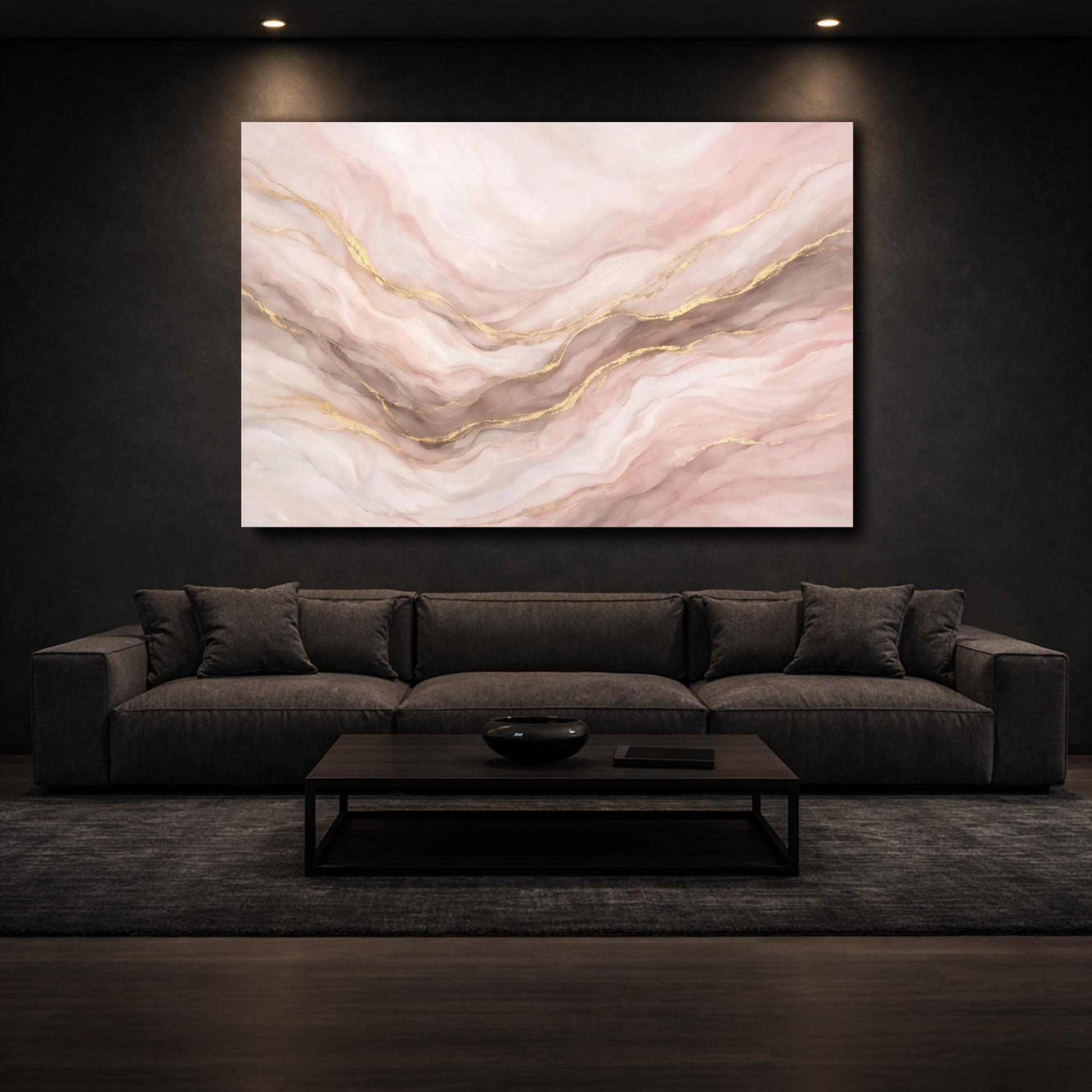 Mockup 2. Abstract Marble Texture Pink Gold Marble shown as stretched canvas wall art