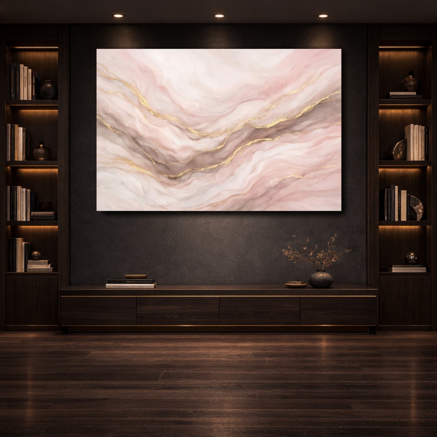 Mockup 3. Abstract Marble Texture Pink Gold Marble shown as stretched canvas wall art
