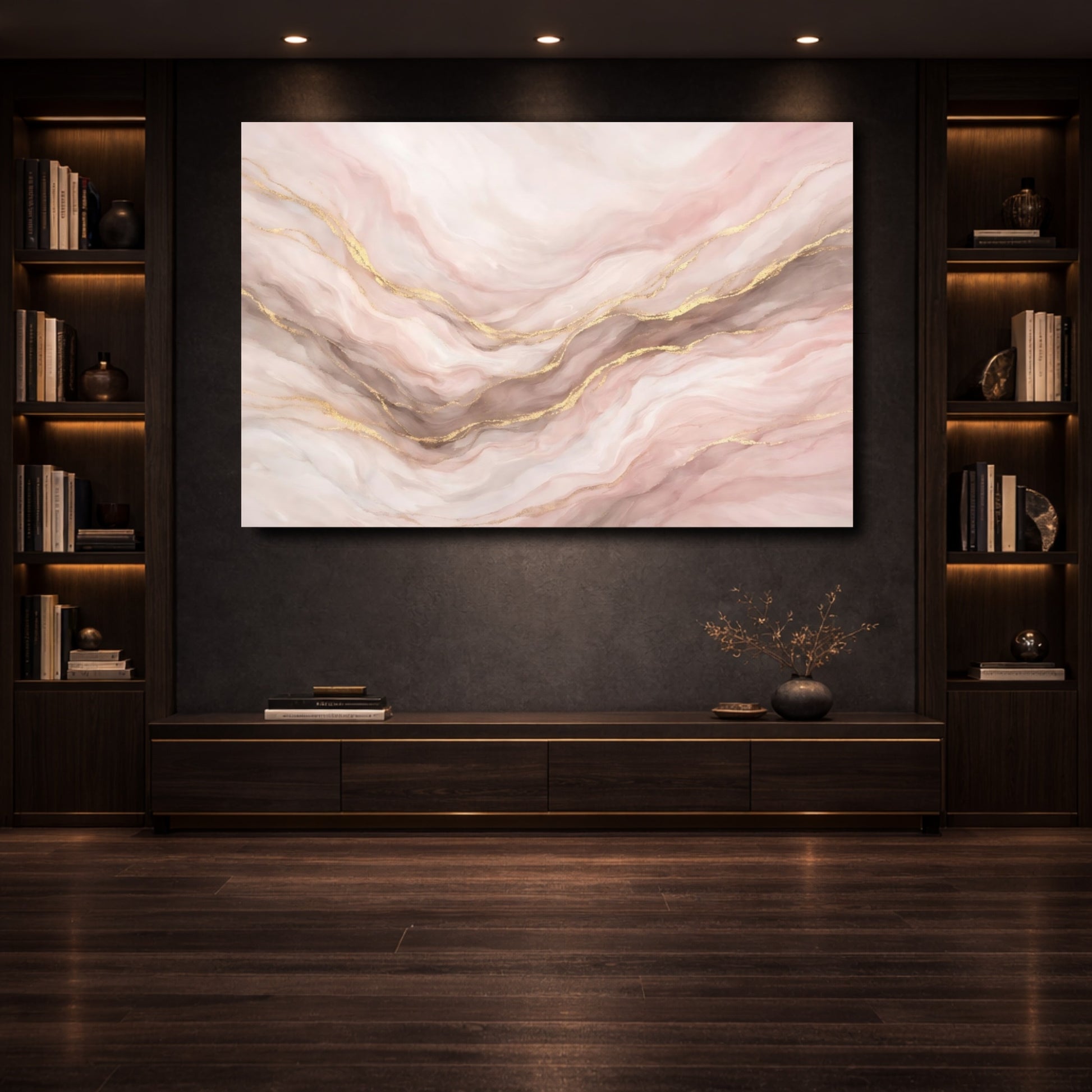 Mockup 3. Abstract Marble Texture Pink Gold Marble shown as stretched canvas wall art