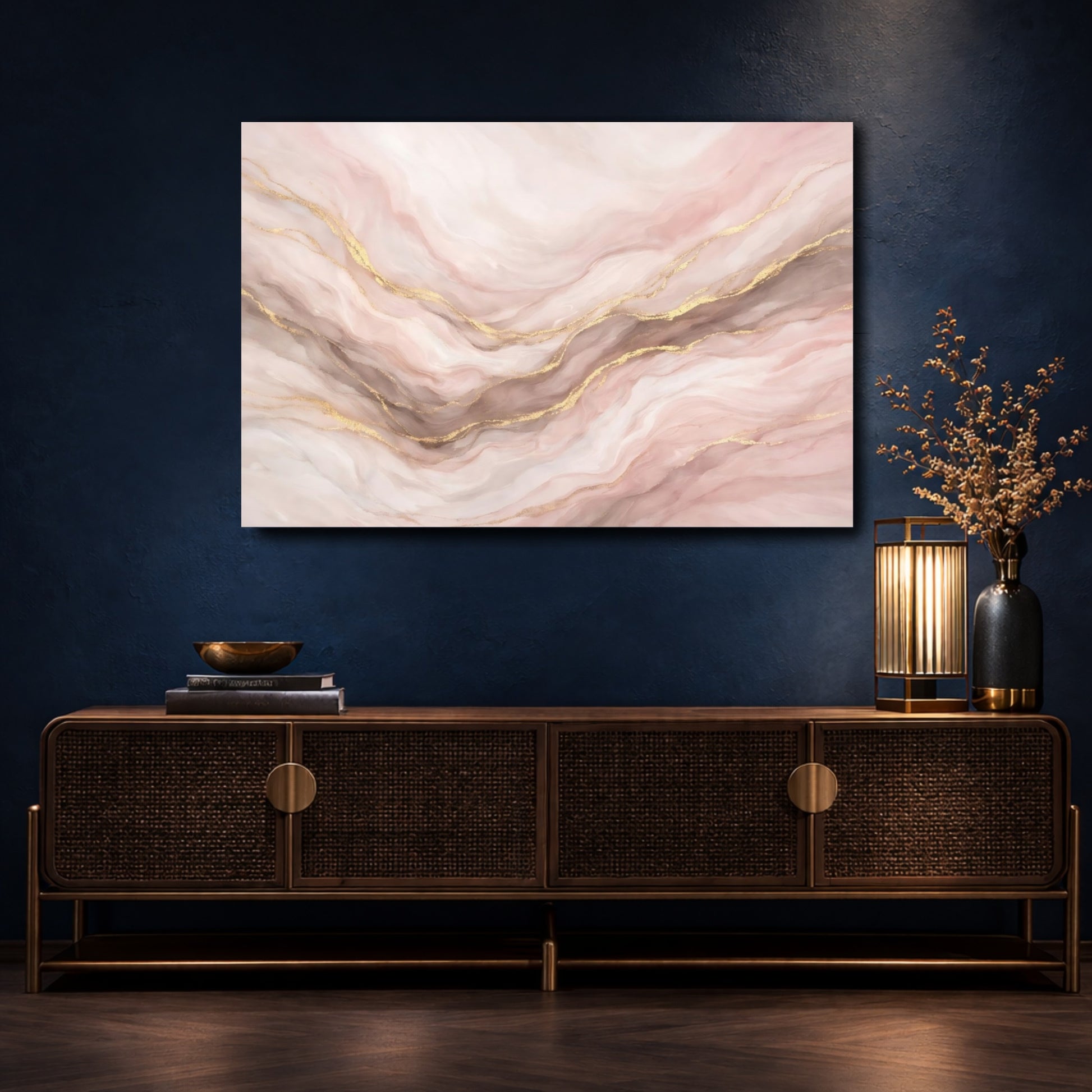 Mockup 4. Abstract Marble Texture Pink Gold Marble shown as stretched canvas wall art