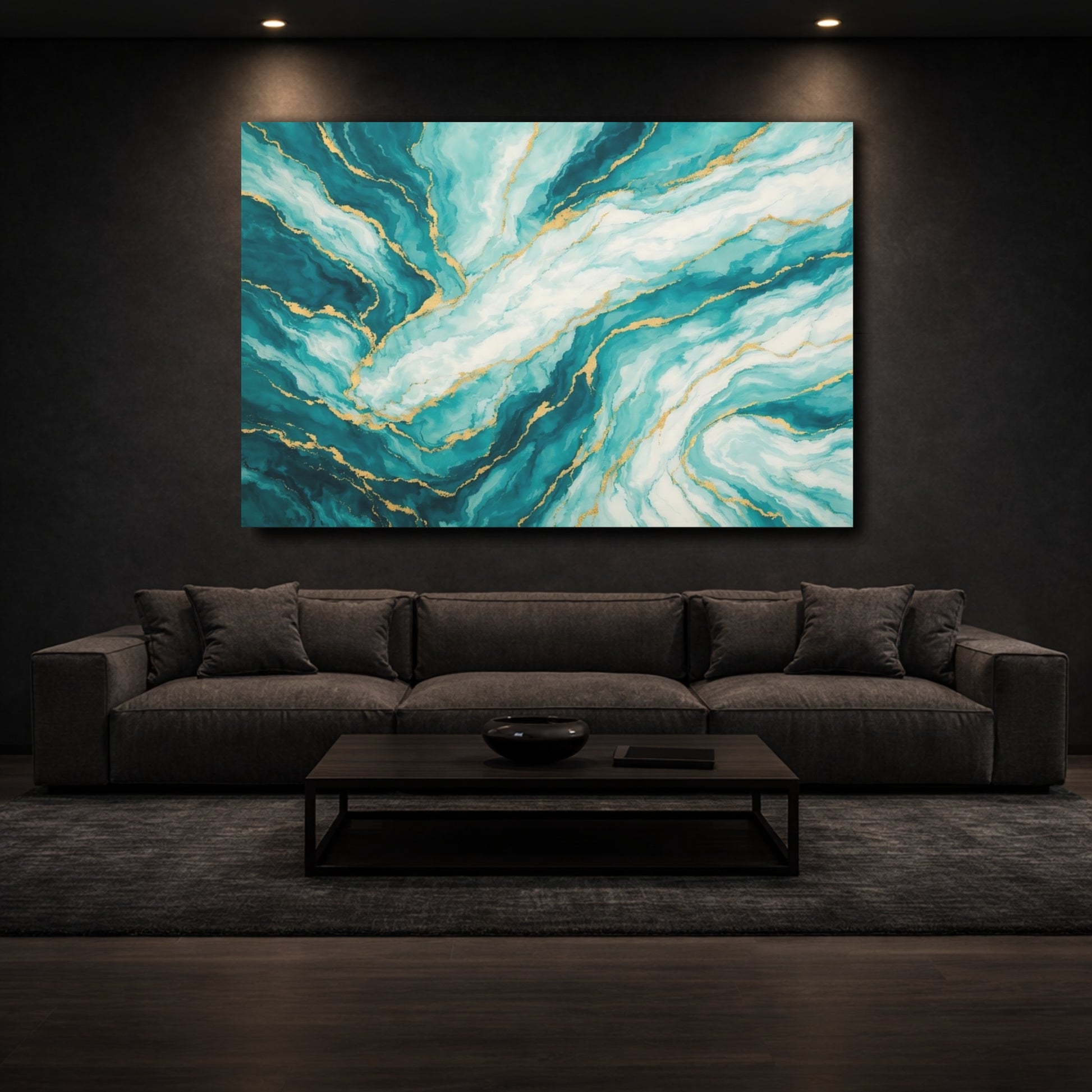 Mockup 2. Abstract Marble Texture Teal And Gold shown as stretched canvas wall art