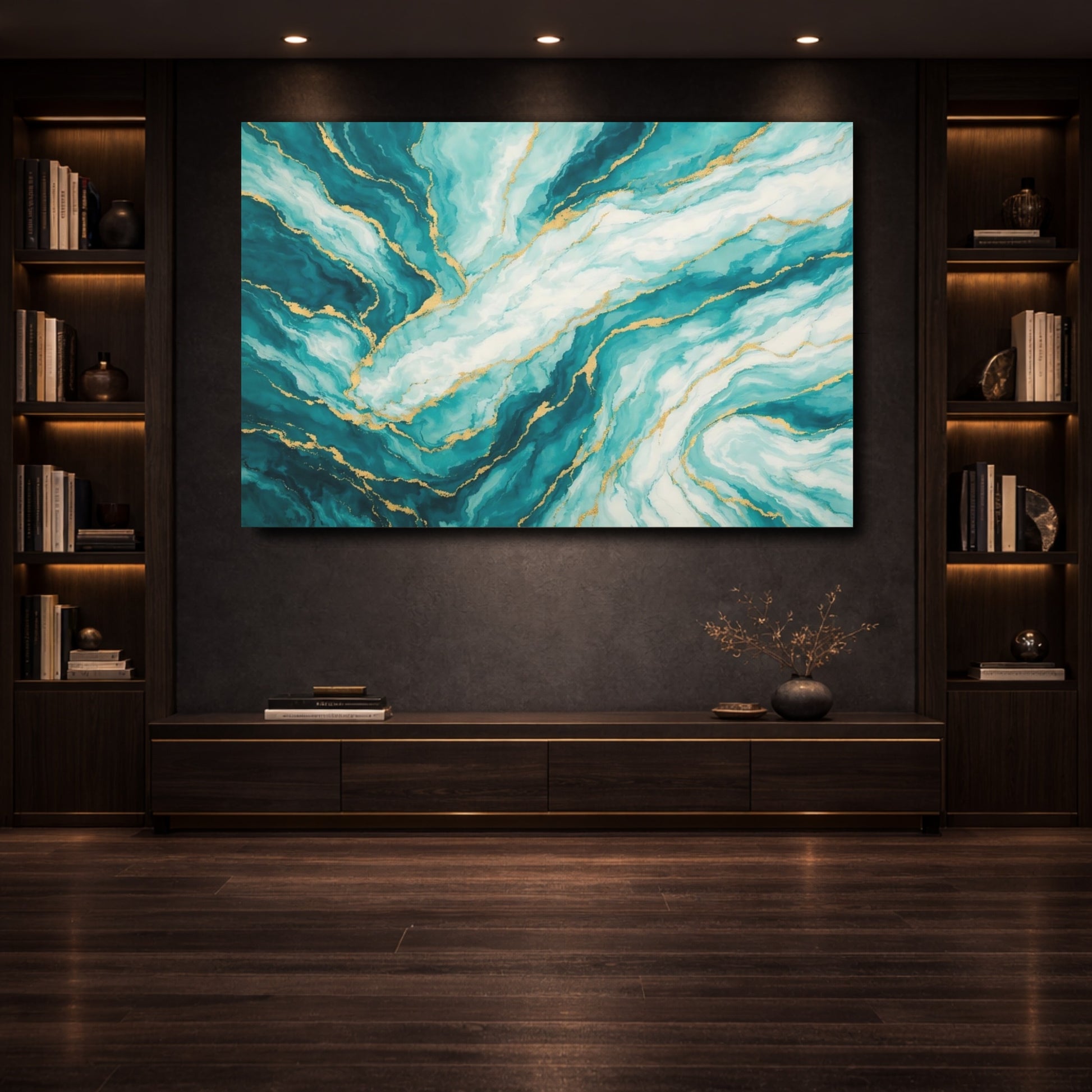 Mockup 3. Abstract Marble Texture Teal And Gold shown as stretched canvas wall art