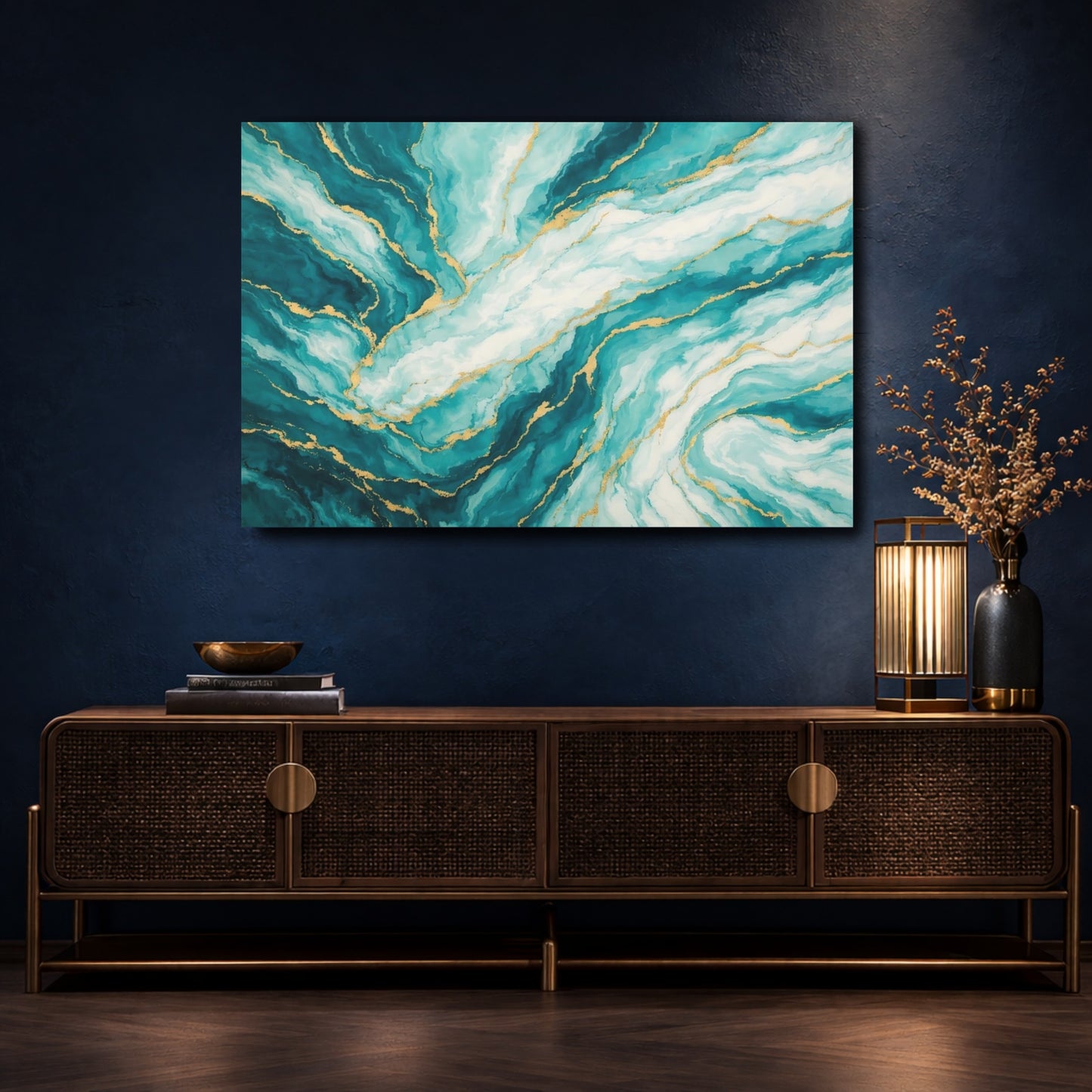 Mockup 4. Abstract Marble Texture Teal And Gold shown as stretched canvas wall art