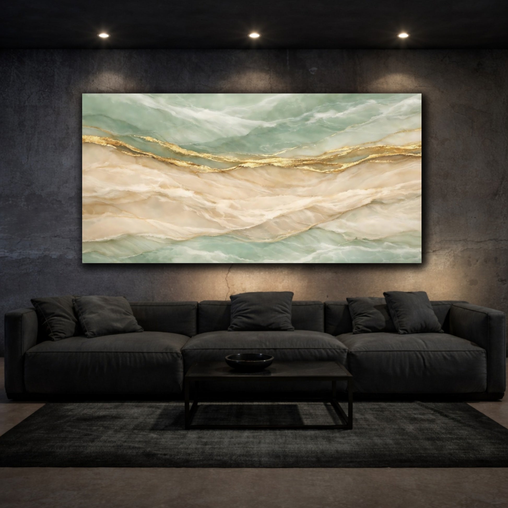 Mockup 2. Abstract Marble Texture Teal Gold Abstract shown as stretched canvas wall art