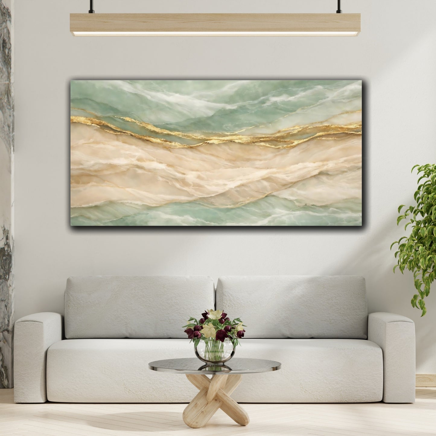 Mockup 3. Abstract Marble Texture Teal Gold Abstract shown as stretched canvas wall art