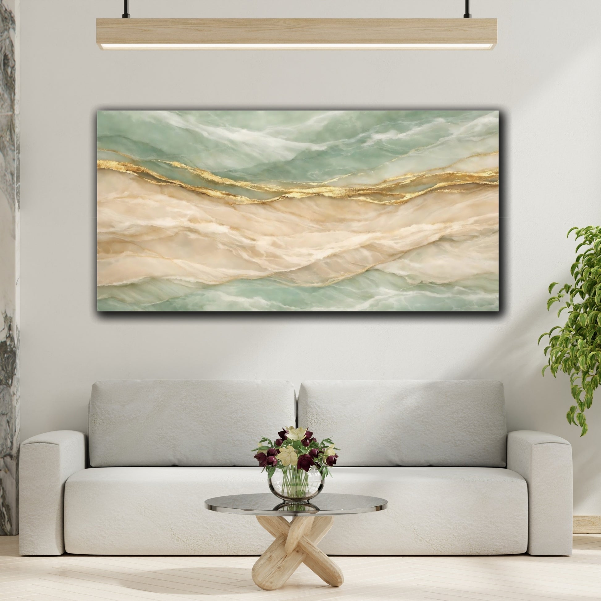Mockup 3. Abstract Marble Texture Teal Gold Abstract shown as stretched canvas wall art