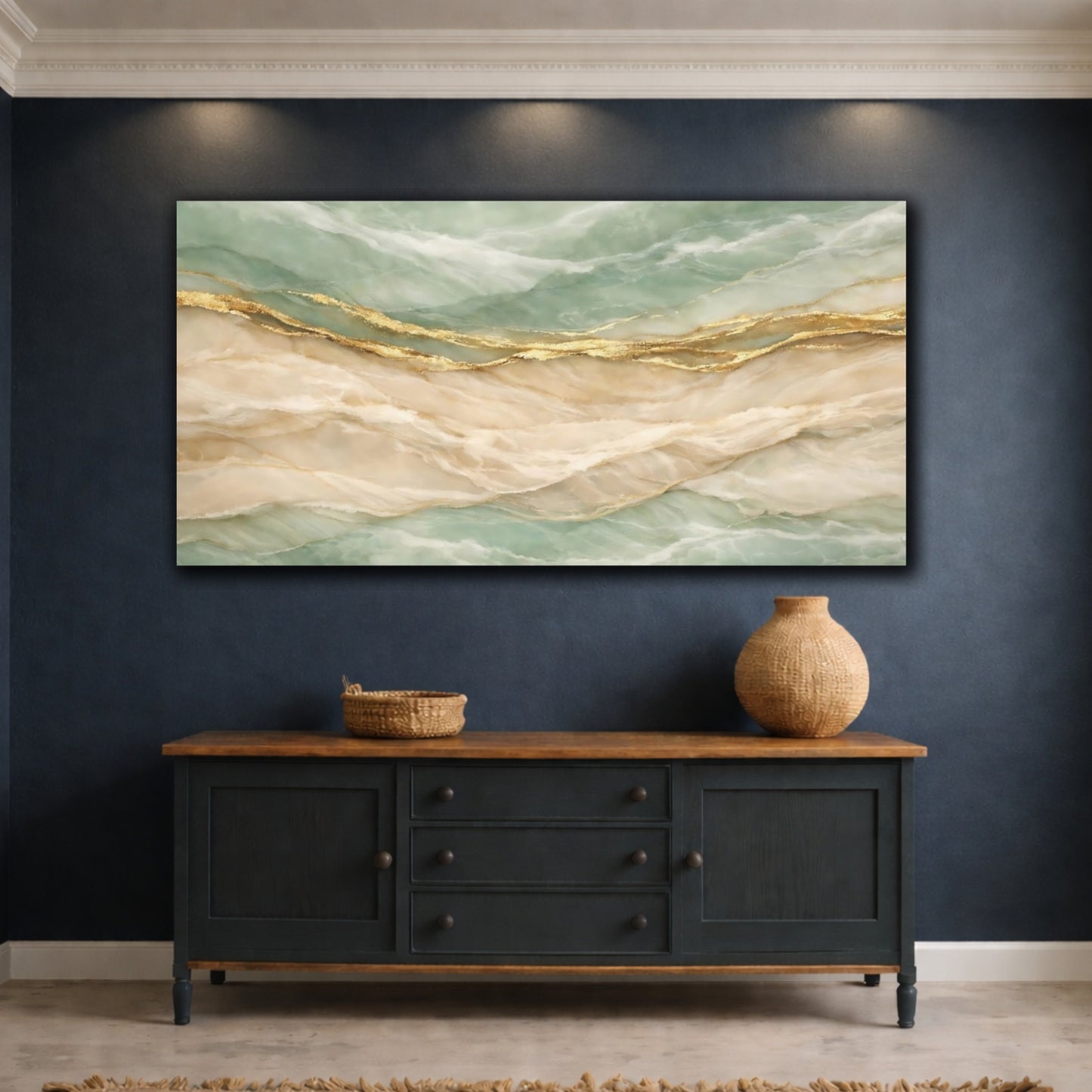Mockup 4. Abstract Marble Texture Teal Gold Abstract shown as stretched canvas wall art