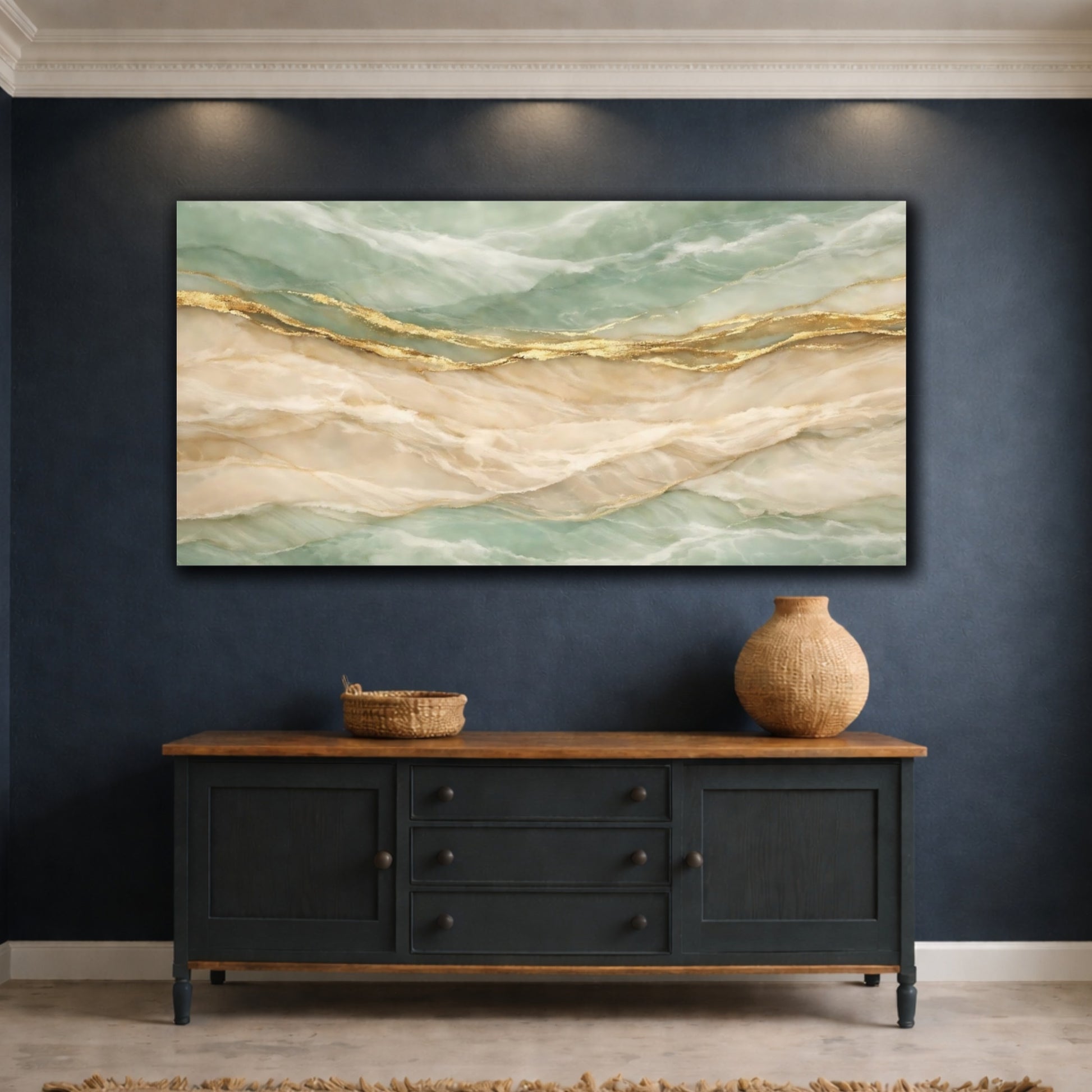Mockup 4. Abstract Marble Texture Teal Gold Abstract shown as stretched canvas wall art