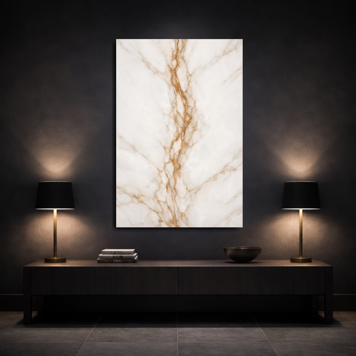 Mockup 2. Abstract Marble Texture White And Gold Marble shown as stretched canvas wall art