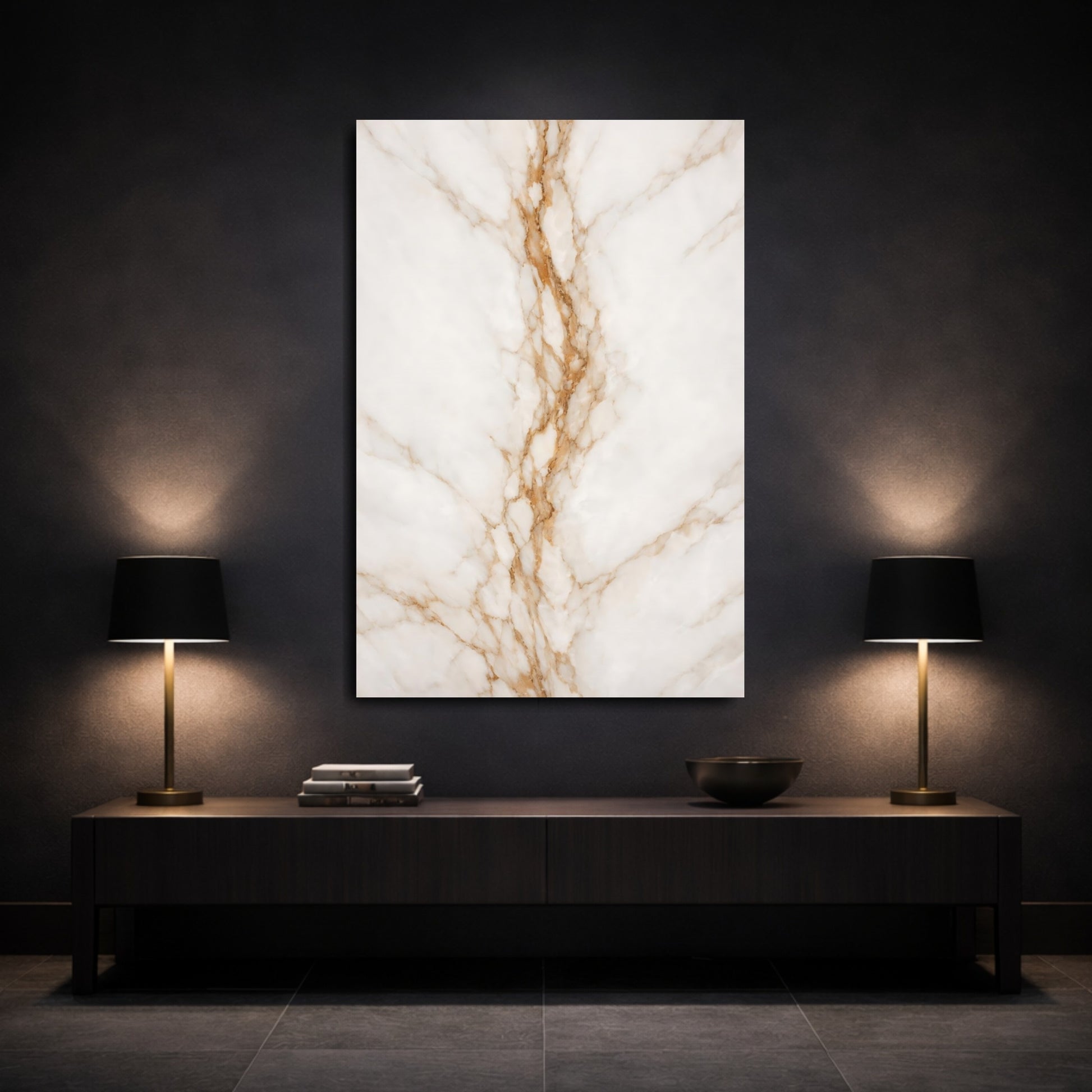 Mockup 2. Abstract Marble Texture White And Gold Marble shown as stretched canvas wall art
