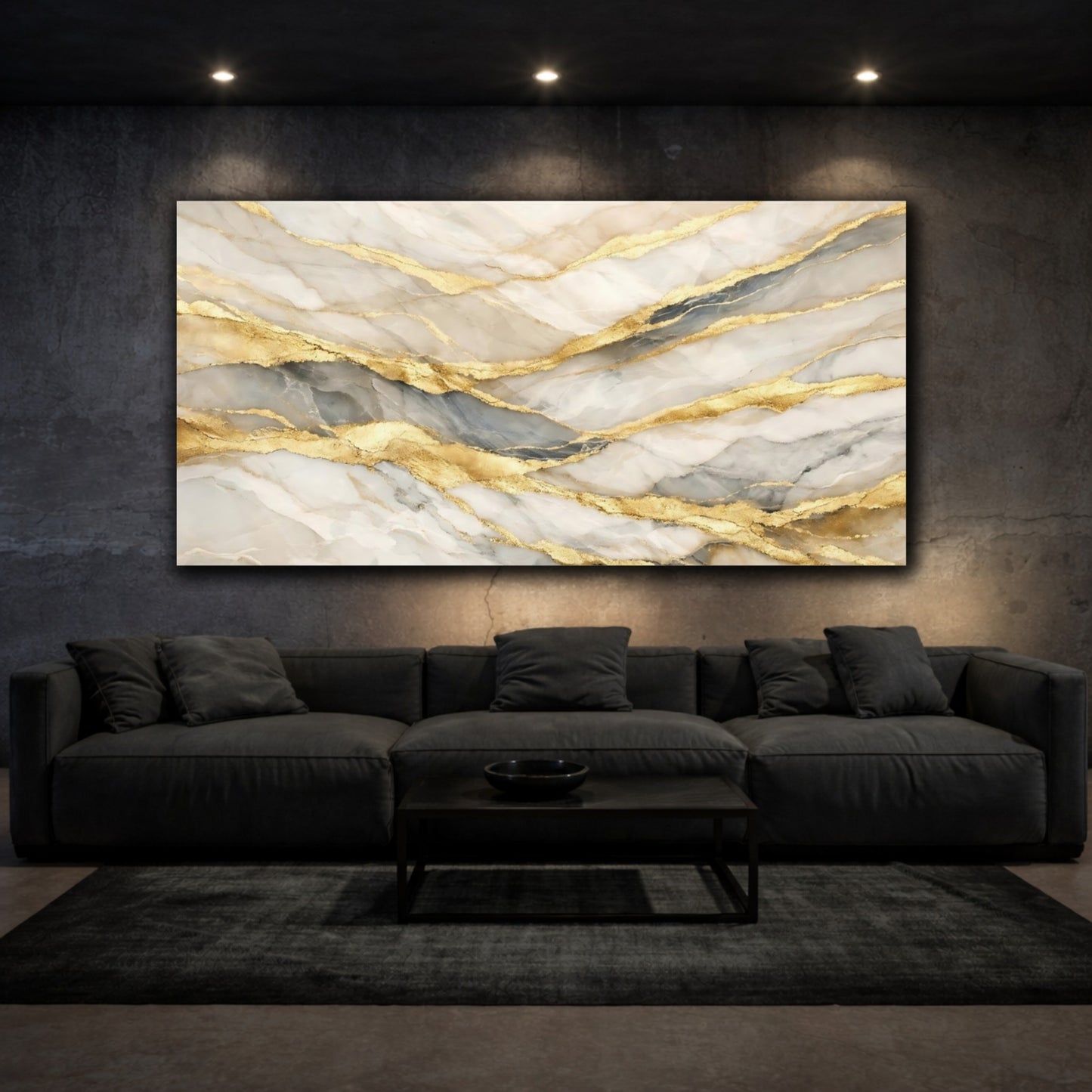 Mockup 2. Abstract Marble Texture White And Gold Marble shown as stretched canvas wall art