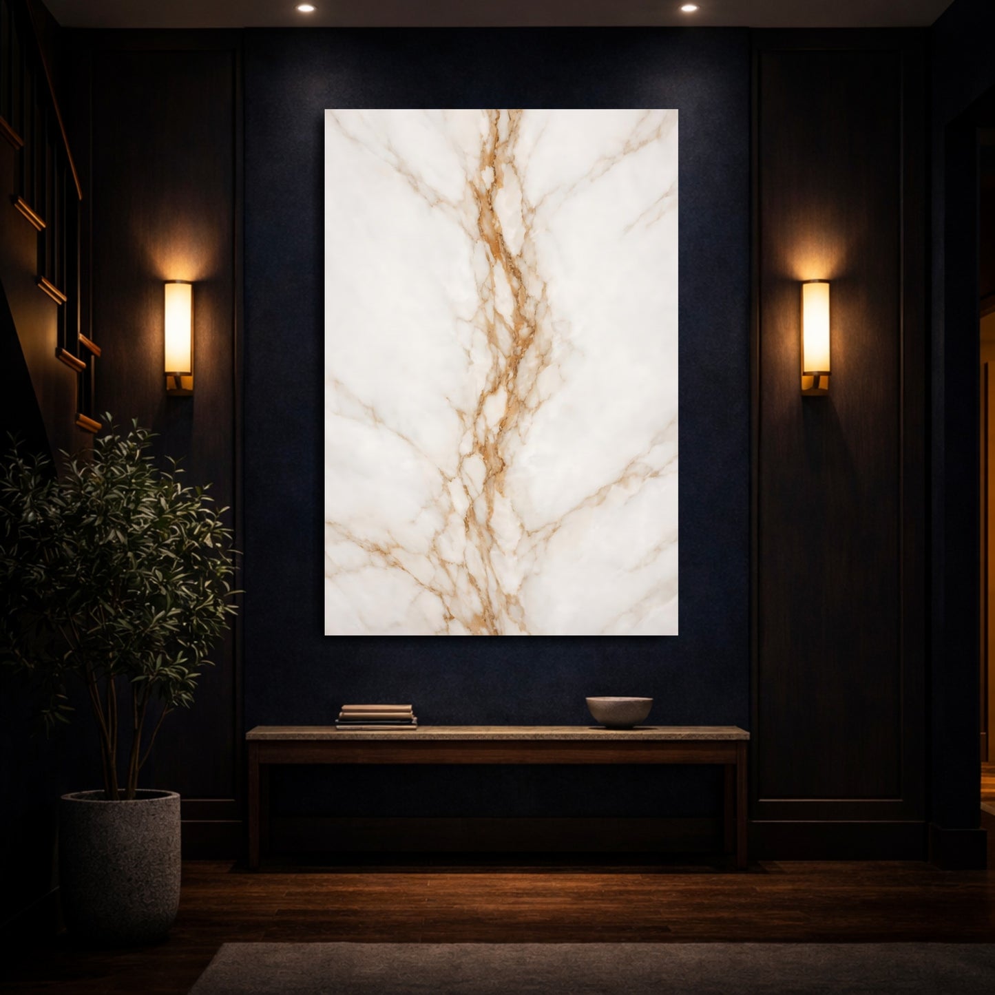 Mockup 3. Abstract Marble Texture White And Gold Marble shown as stretched canvas wall art