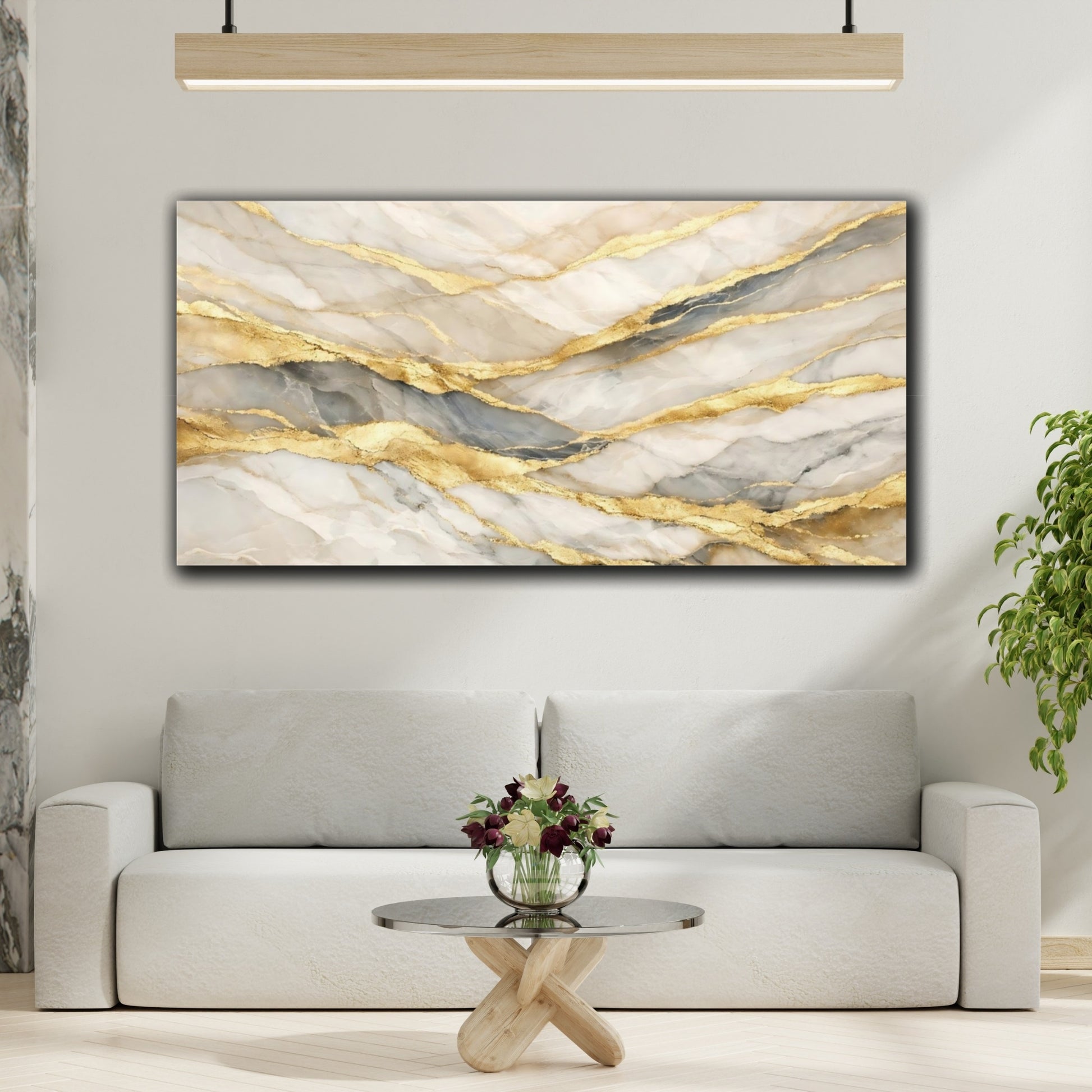Mockup 3. Abstract Marble Texture White And Gold Marble shown as stretched canvas wall art